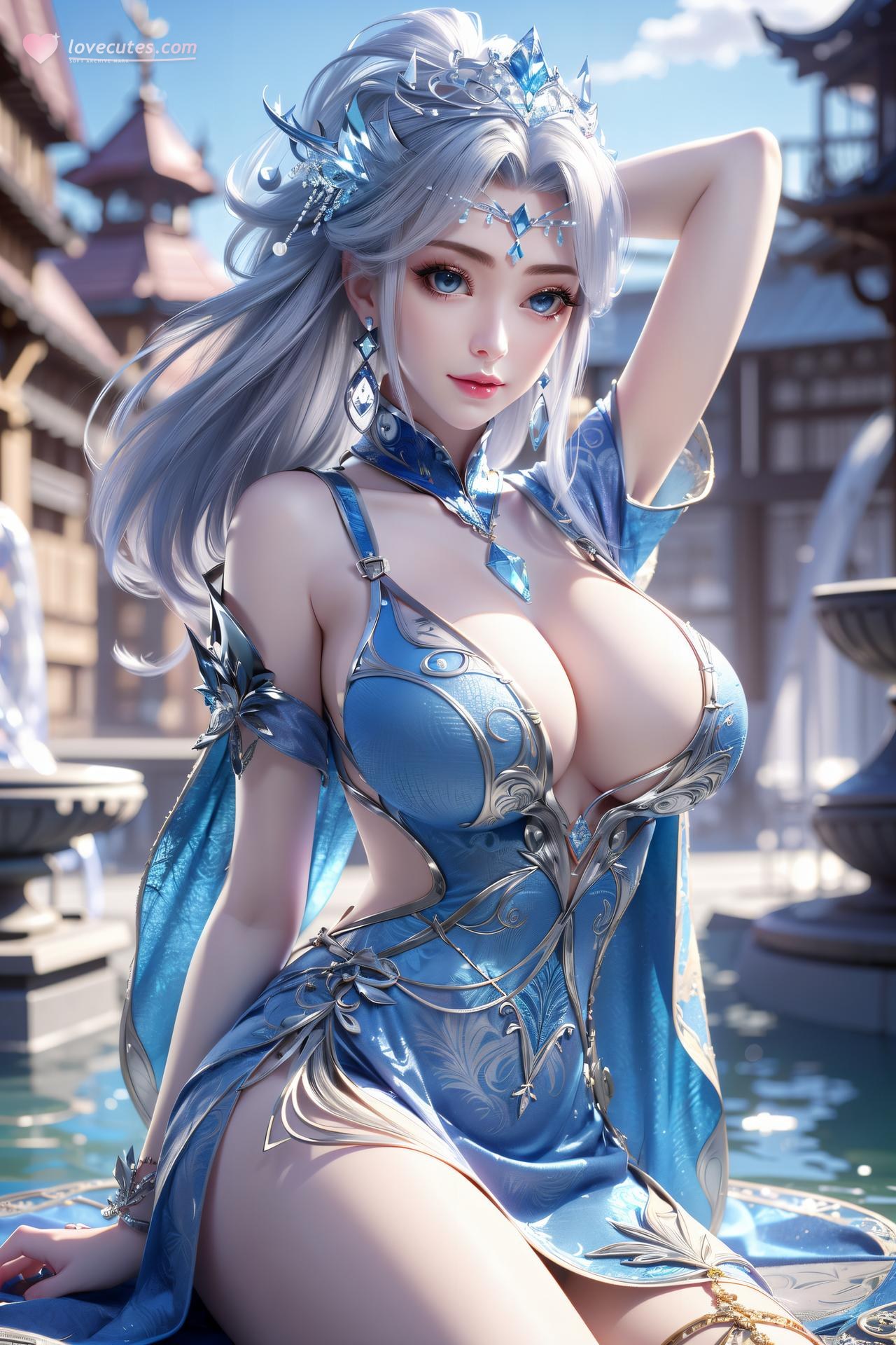 AI Nudes - Ninh Vũ Điệp tóc bạc váy xanh thủy cảnh 75P