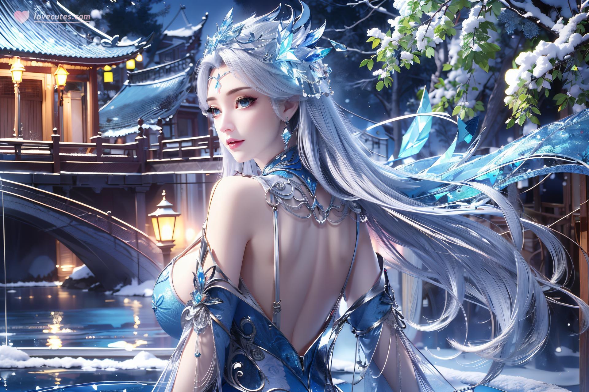 AI Nudes - Ninh Vũ Điệp tóc bạc váy xanh thủy cảnh 75P