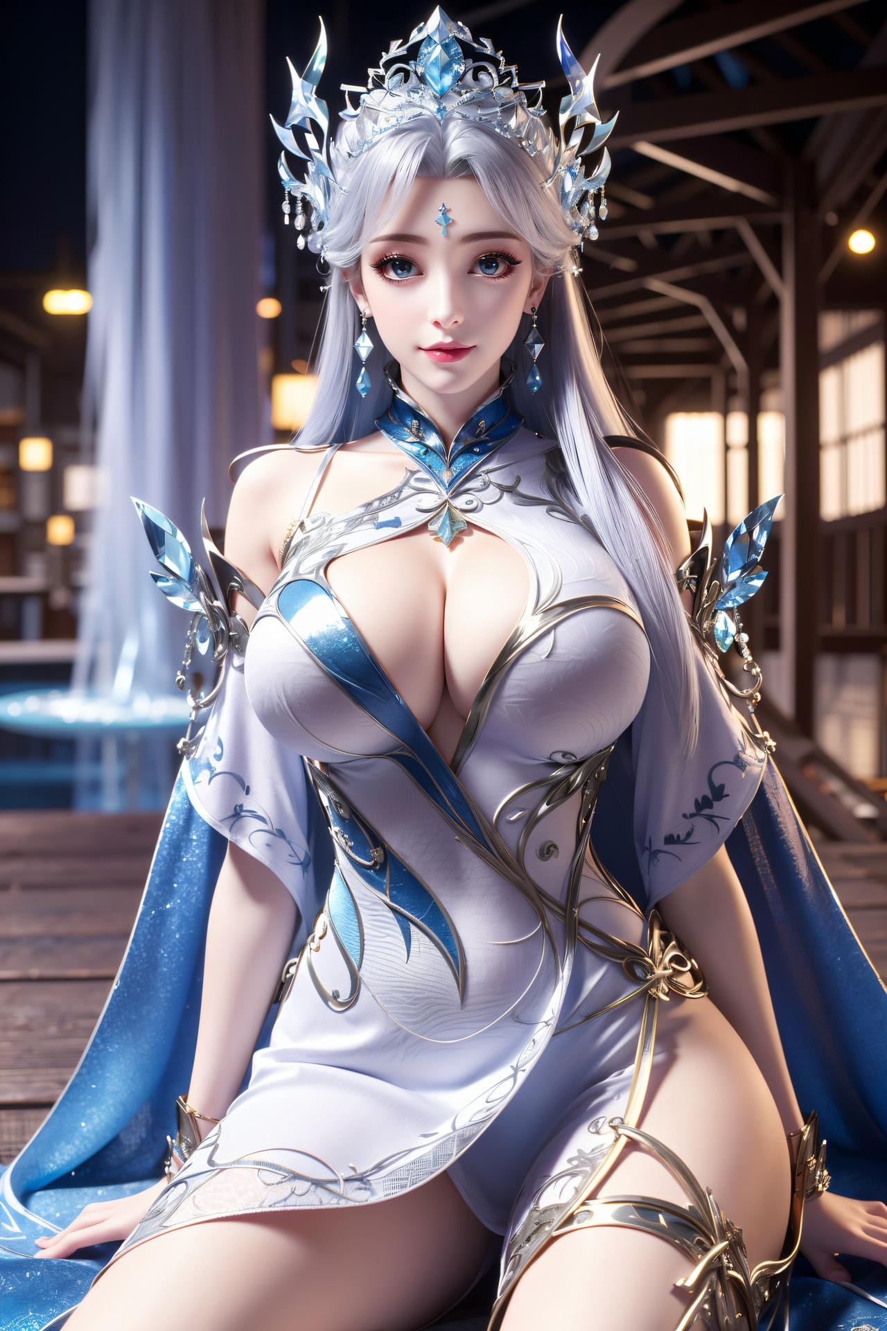 AI Nudes - Ninh Vũ Điệp tóc bạc váy xanh thủy cảnh 75P