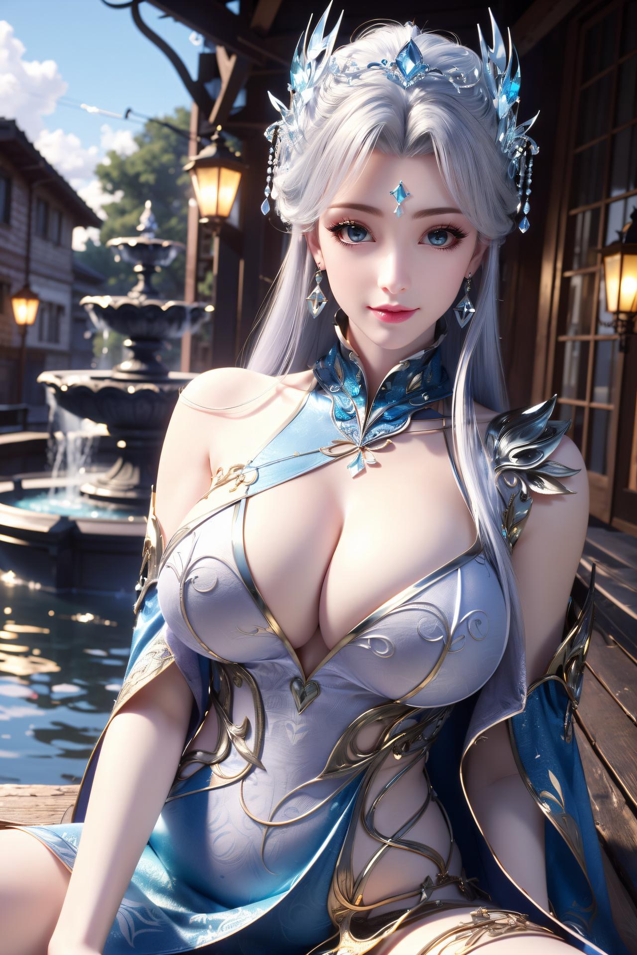 AI Nudes - Ninh Vũ Điệp tóc bạc váy xanh thủy cảnh 75P
