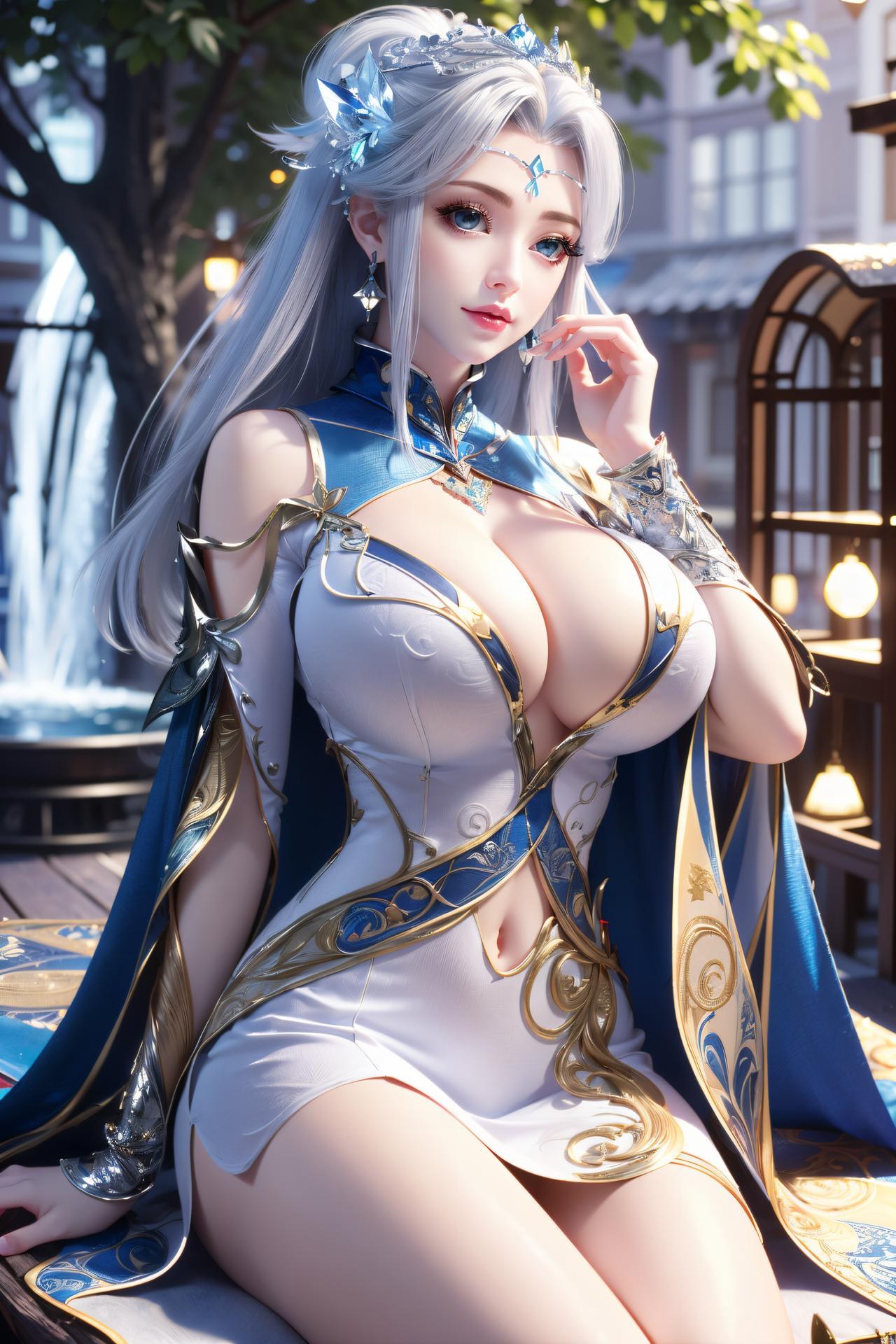 AI Nudes - Ninh Vũ Điệp tóc bạc váy xanh thủy cảnh 75P