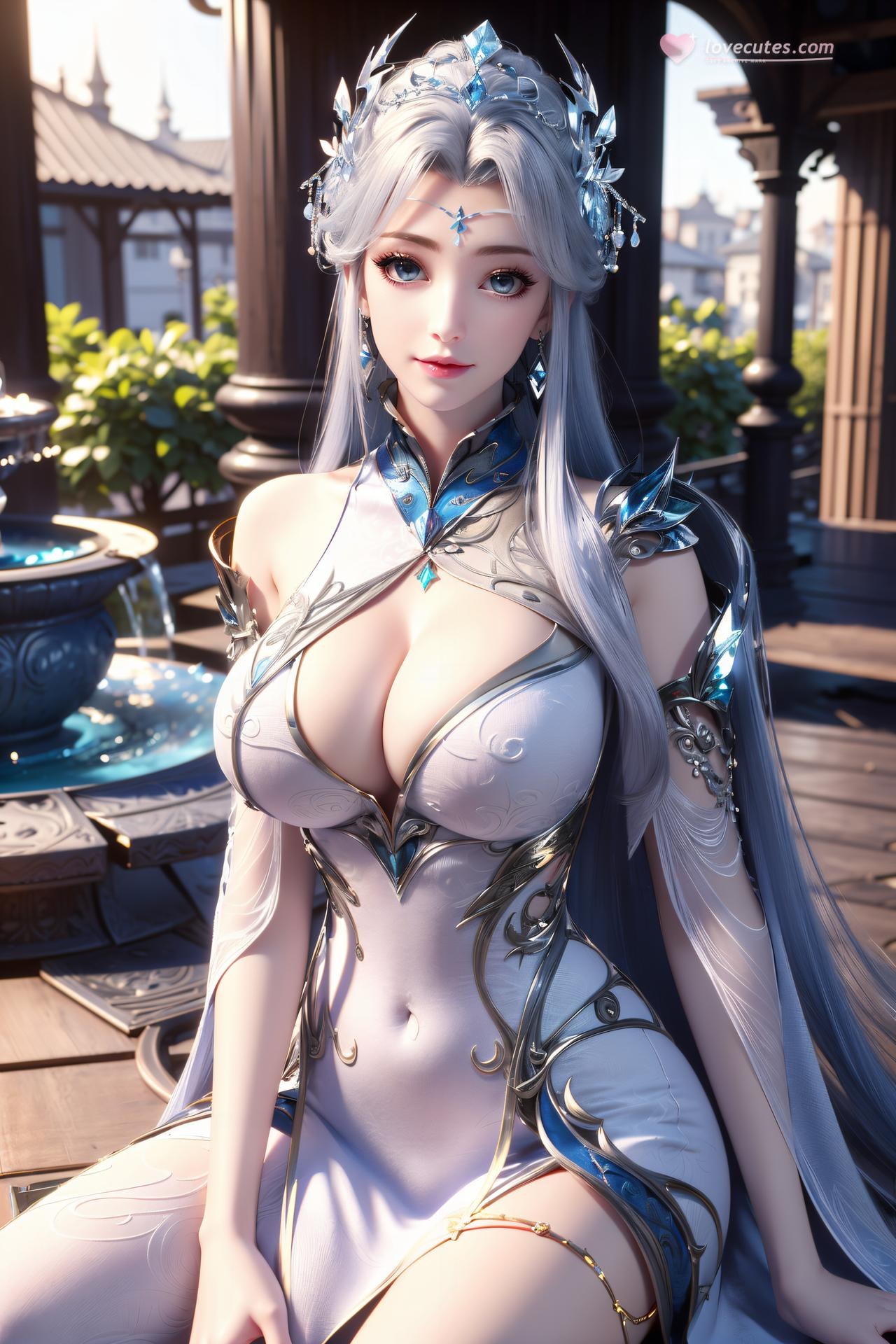 AI Nudes - Ninh Vũ Điệp tóc bạc váy xanh thủy cảnh 75P