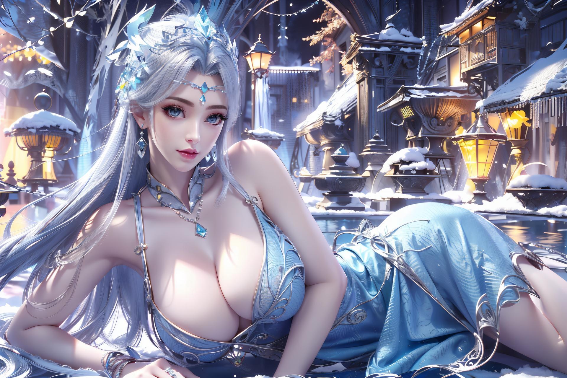 AI Nudes - Ninh Vũ Điệp tóc bạc váy xanh thủy cảnh 75P