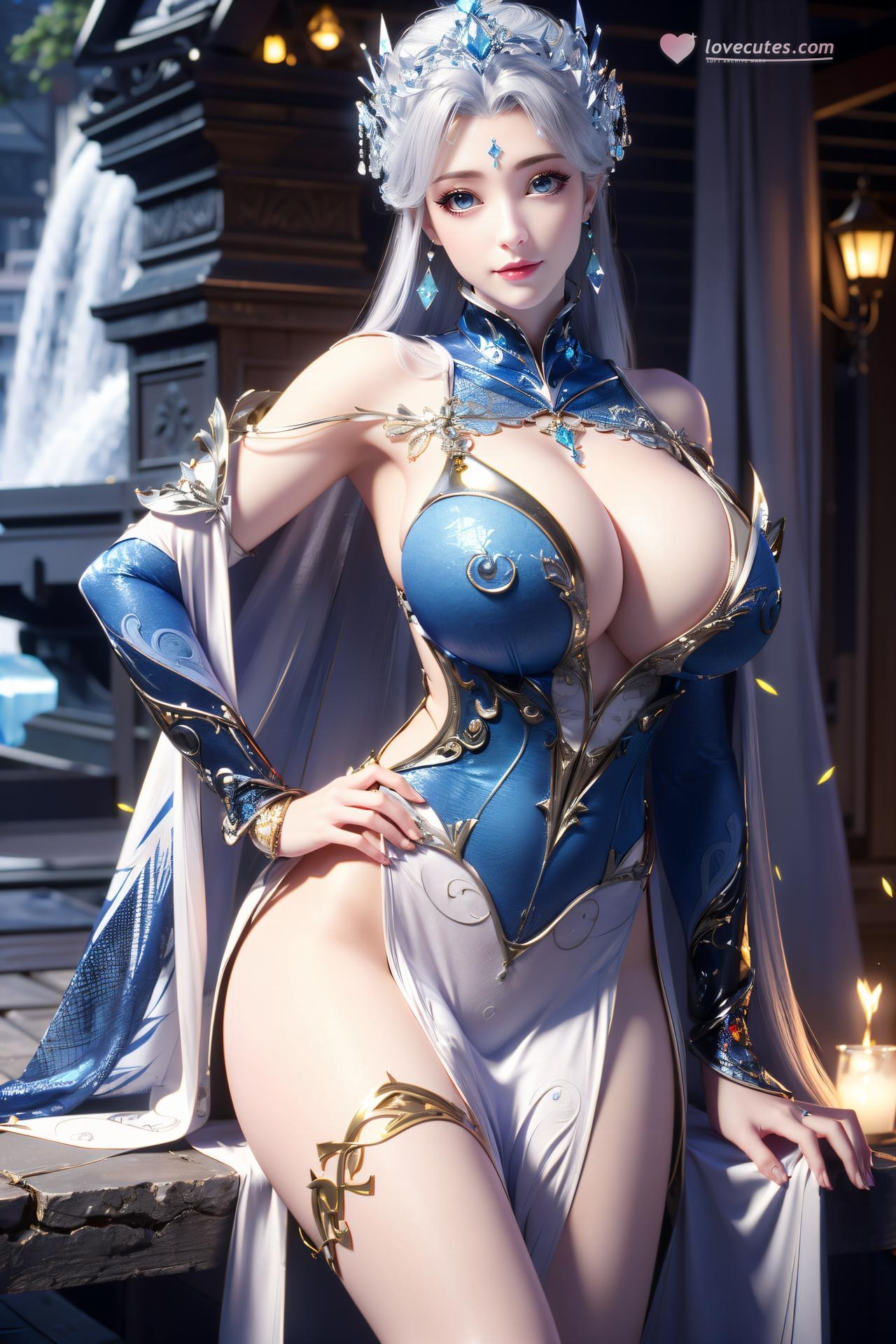 AI Nudes - Ninh Vũ Điệp tóc bạc váy xanh thủy cảnh 75P