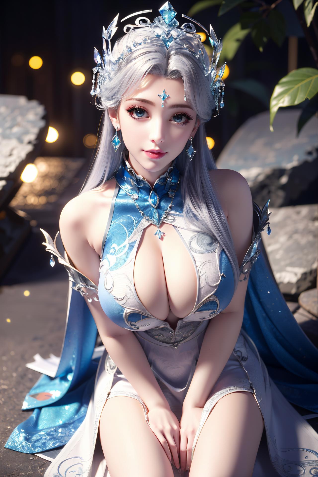 AI Nudes - Ninh Vũ Điệp tóc bạc váy xanh thủy cảnh 75P