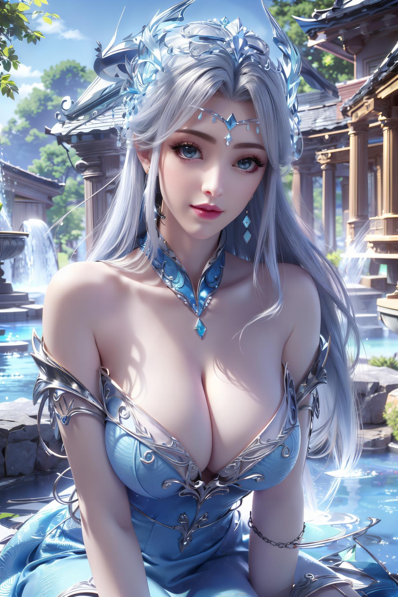 AI Nudes - Ninh Vũ Điệp tóc bạc váy xanh thủy cảnh 75P