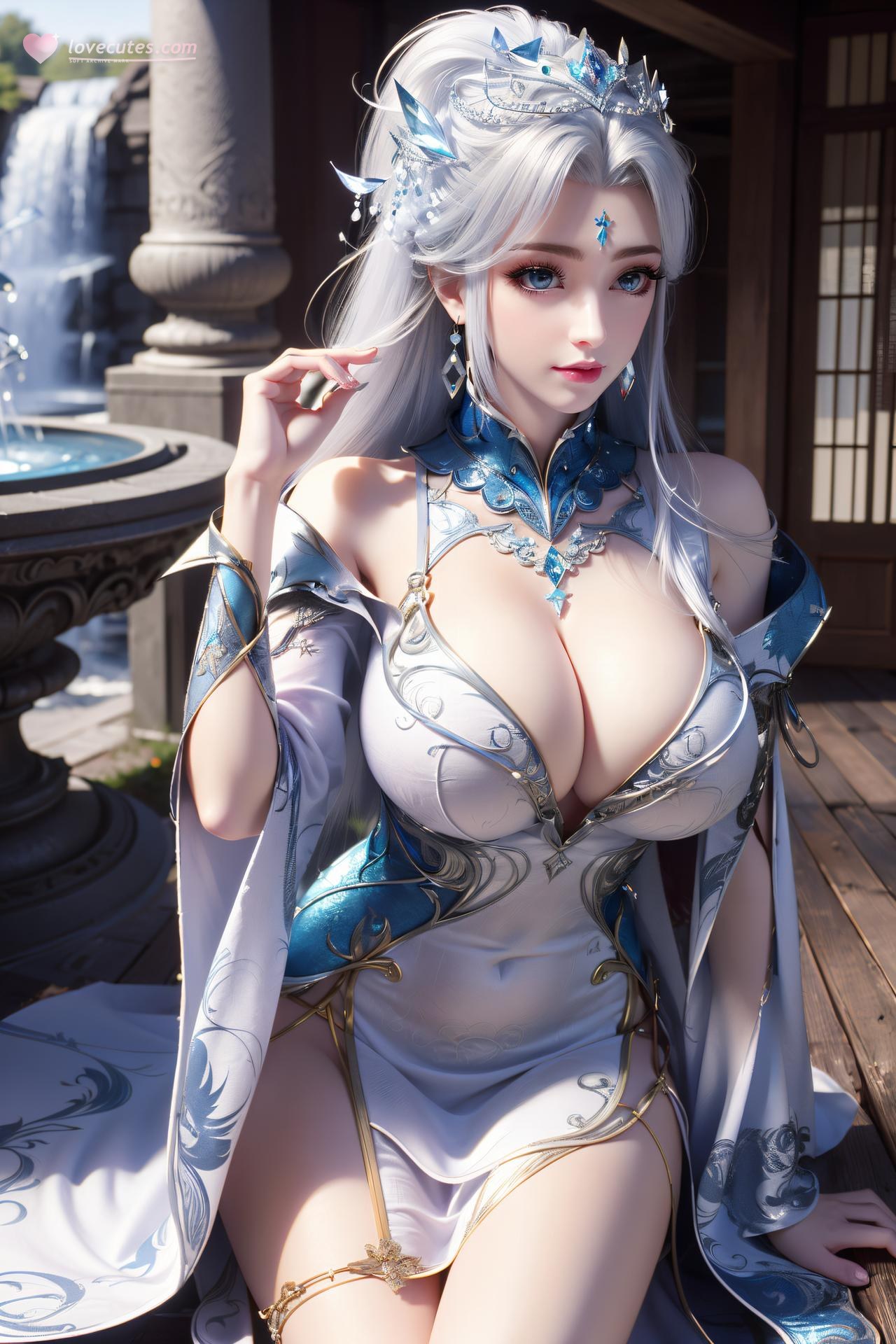 AI Nudes - Ninh Vũ Điệp tóc bạc váy xanh thủy cảnh 75P