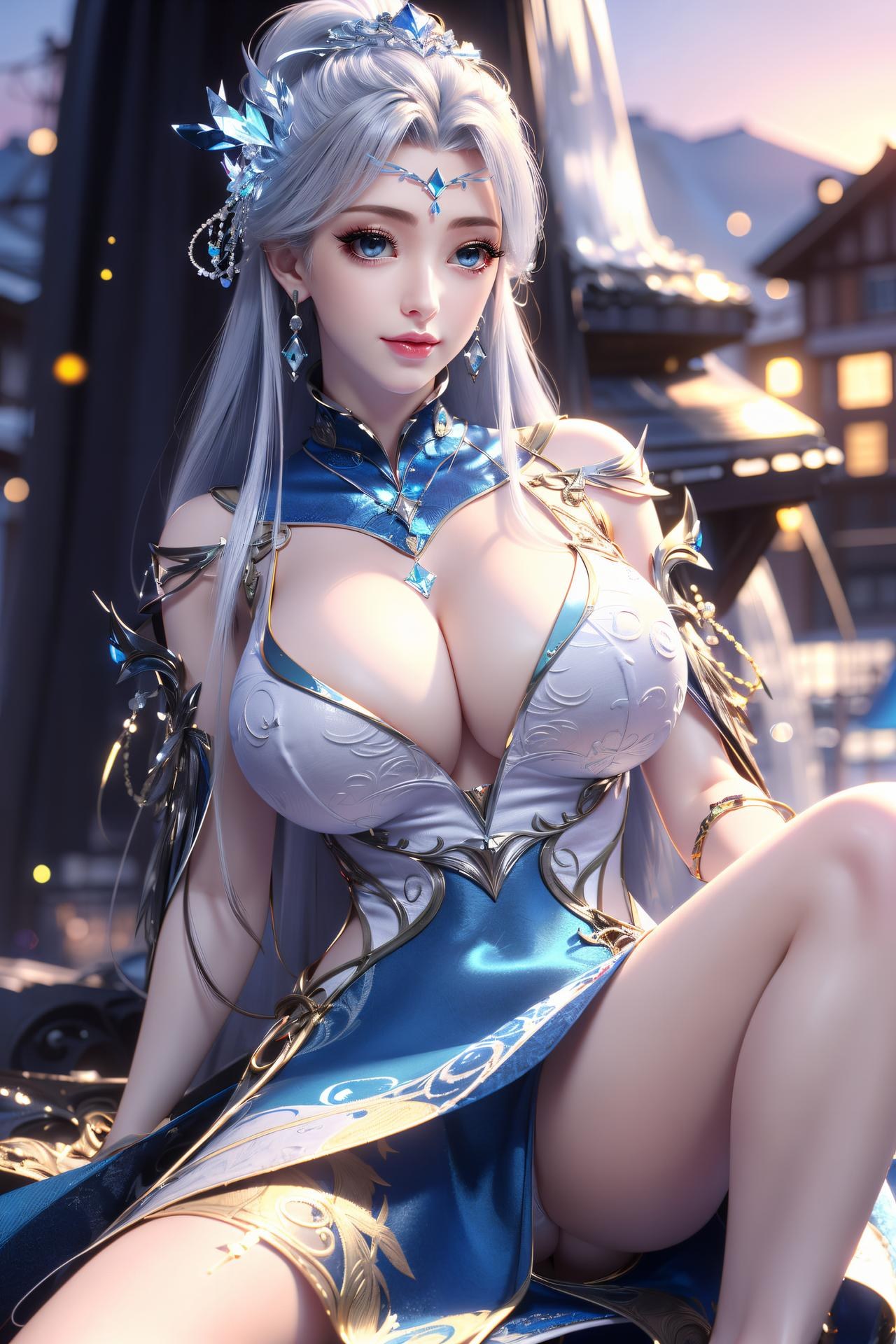 AI Nudes - Ninh Vũ Điệp tóc bạc váy xanh thủy cảnh 75P