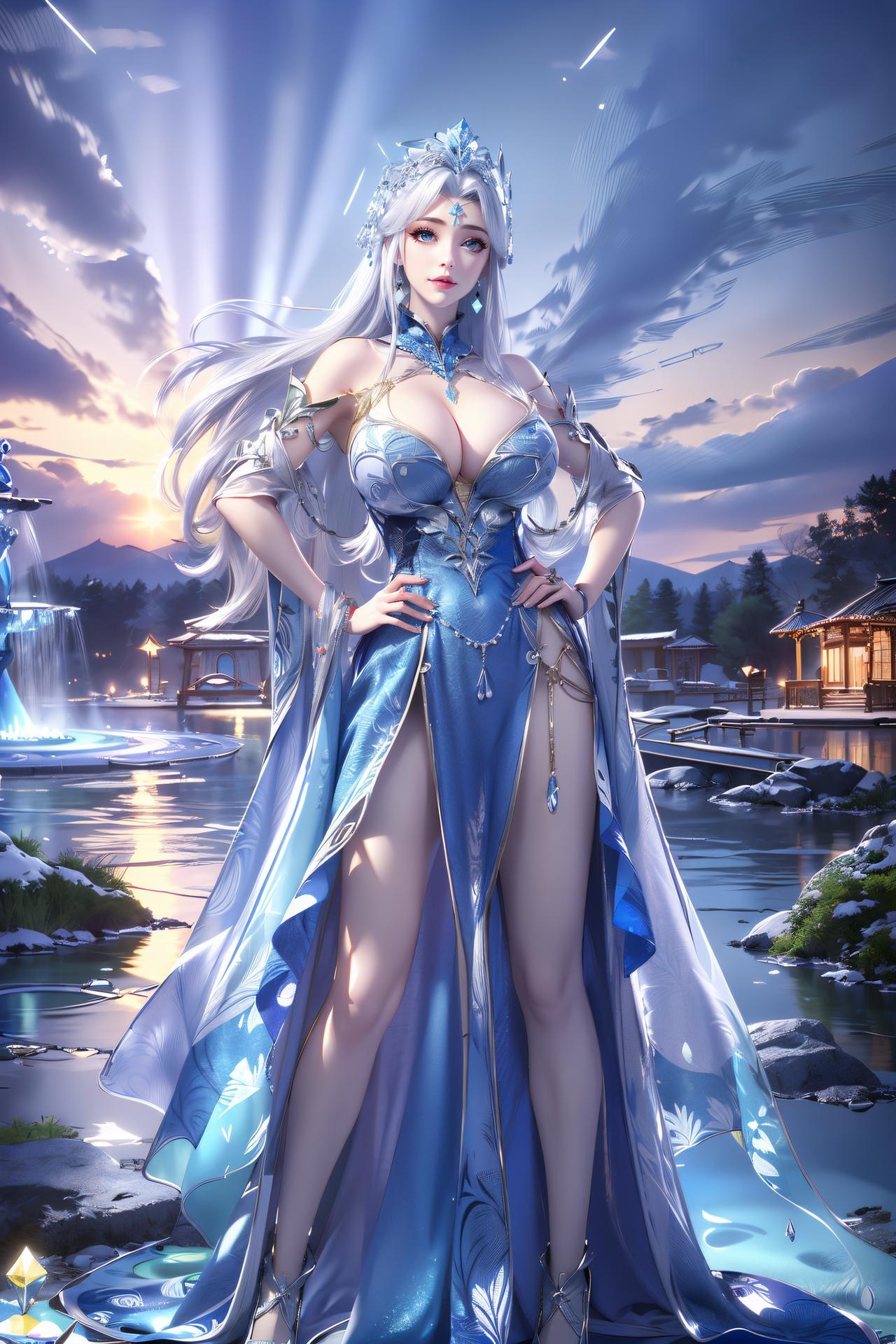 AI Nudes - Ninh Vũ Điệp tóc bạc váy xanh thủy cảnh 75P