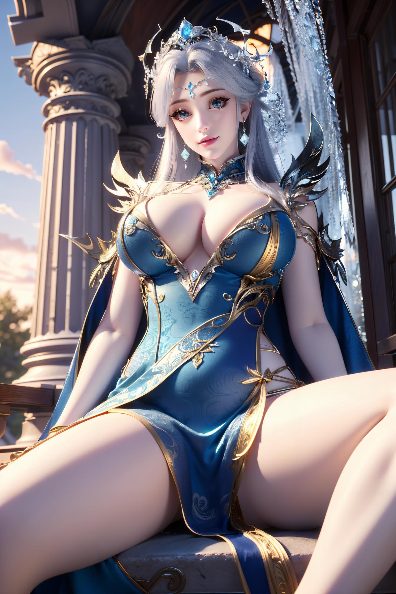 AI Nudes - Ninh Vũ Điệp tóc bạc váy xanh thủy cảnh 75P