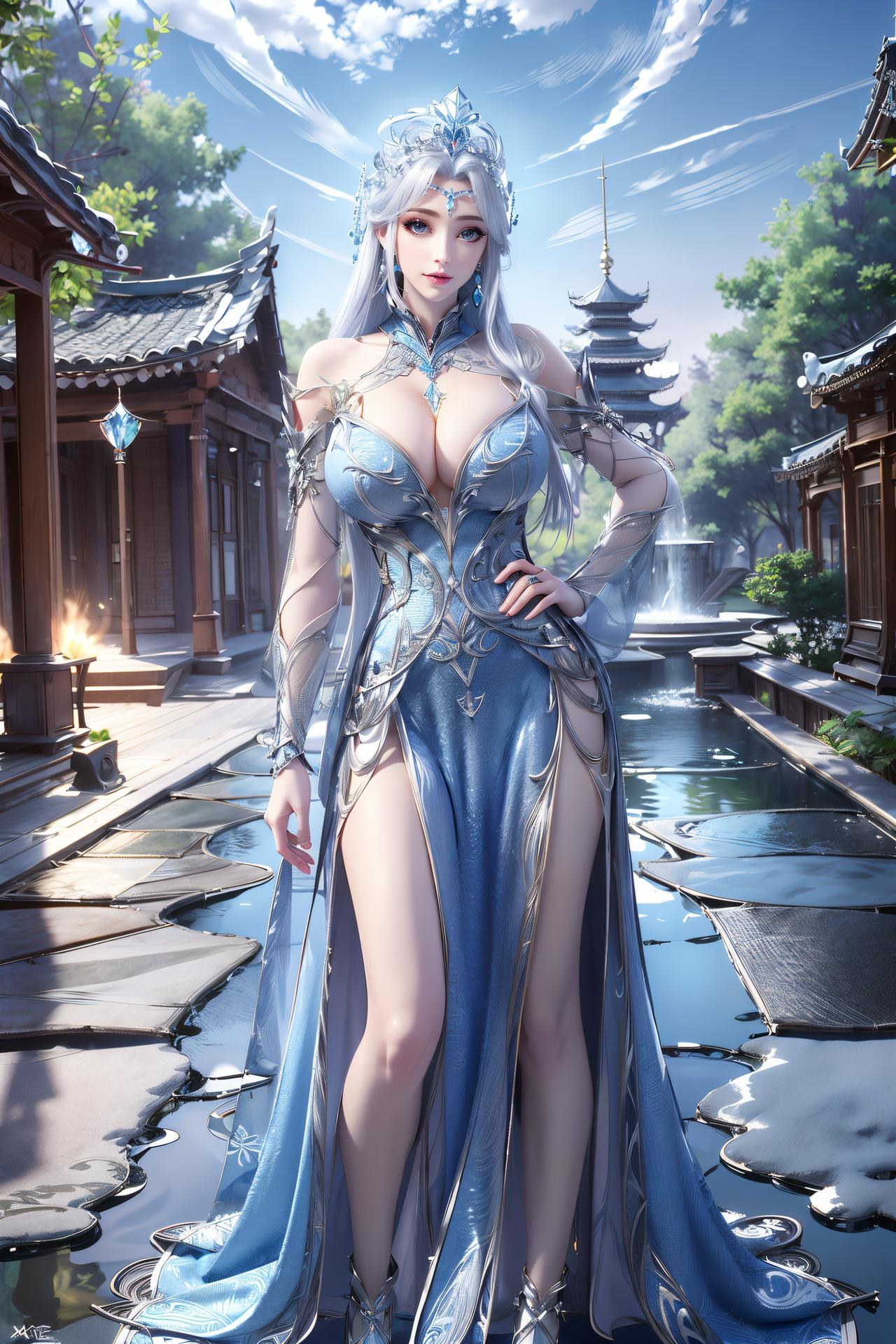 AI Nudes - Ninh Vũ Điệp tóc bạc váy xanh thủy cảnh 75P