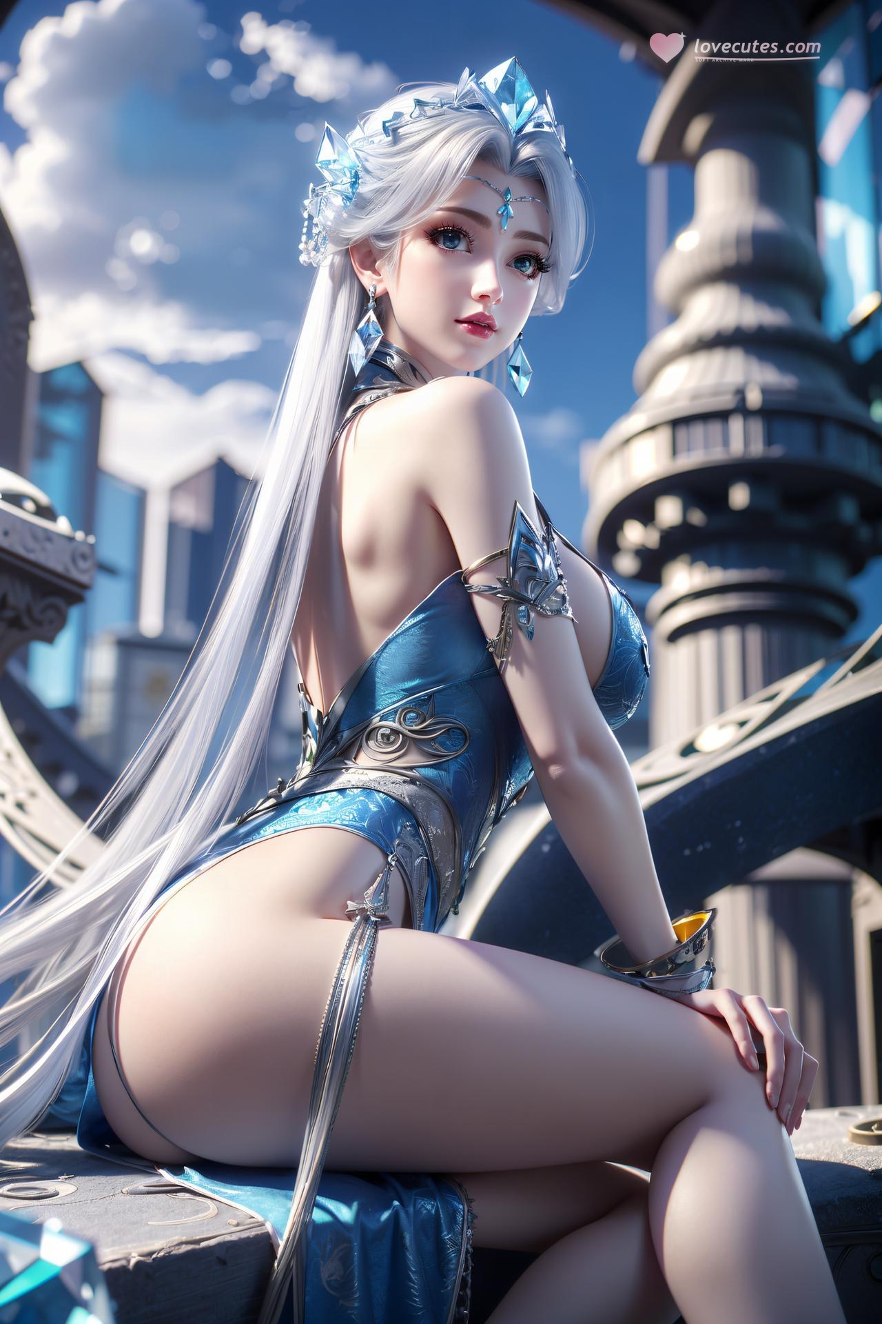 AI Nudes - Ninh Vũ Điệp tóc bạc váy xanh thủy cảnh 75P