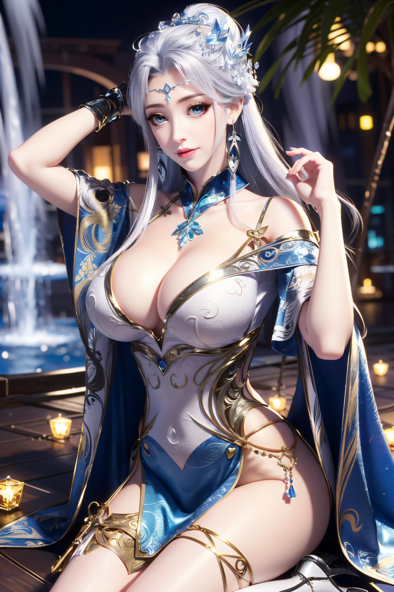 AI Nudes - Ninh Vũ Điệp tóc bạc váy xanh thủy cảnh 75P
