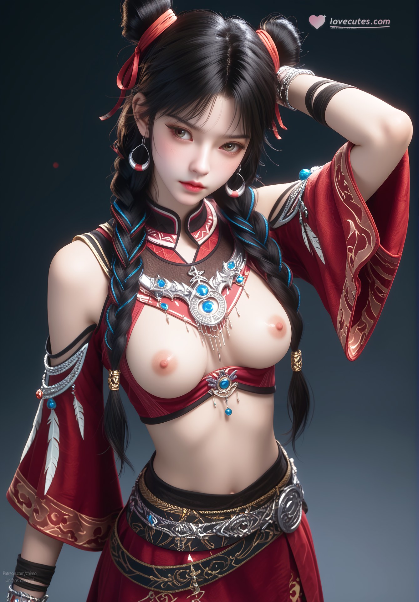AI Nudes - Bạch Lạc Hành váy đỏ tóc búi đôi 105P