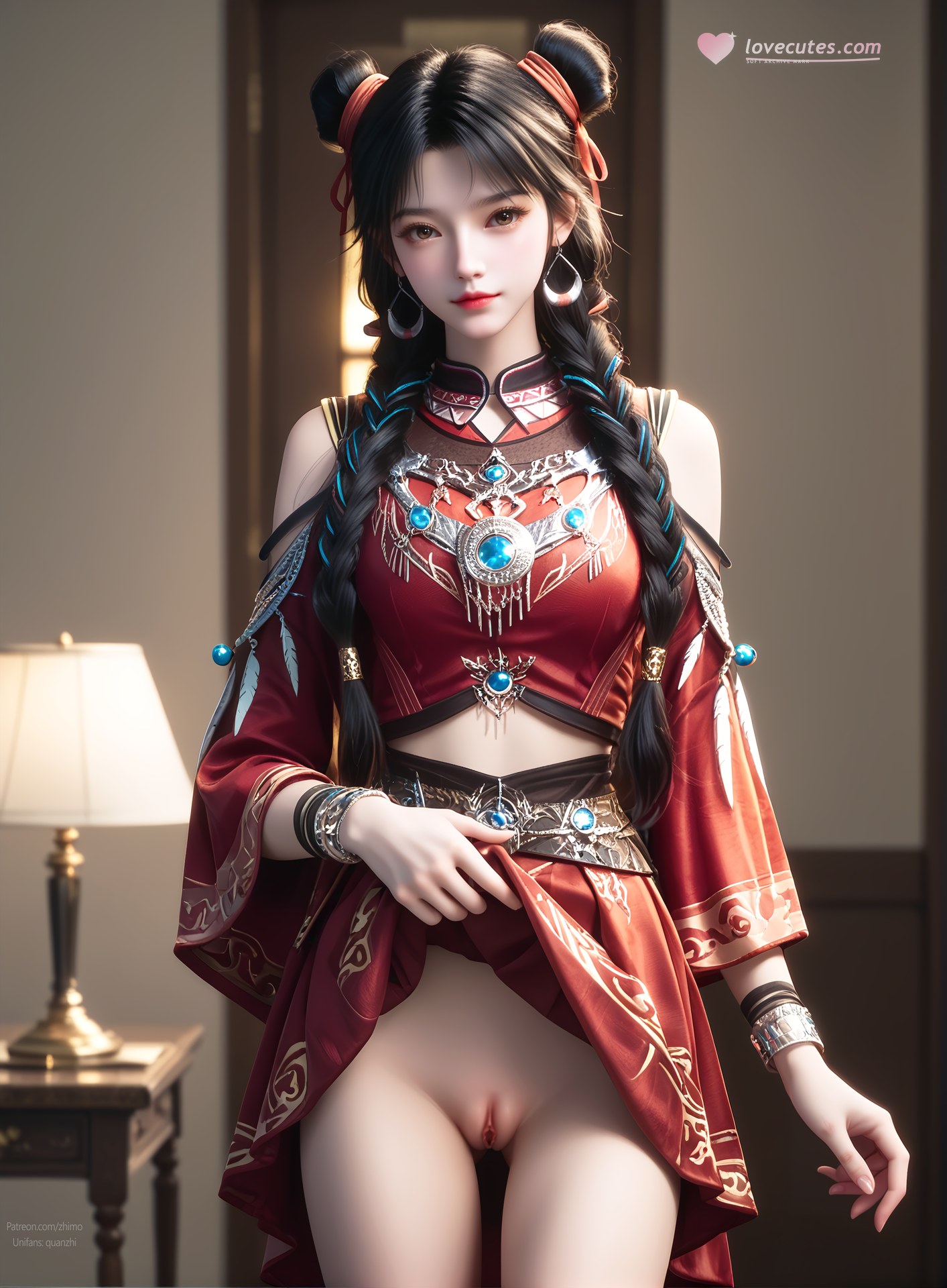 AI Nudes - Bạch Lạc Hành váy đỏ tóc búi đôi 105P