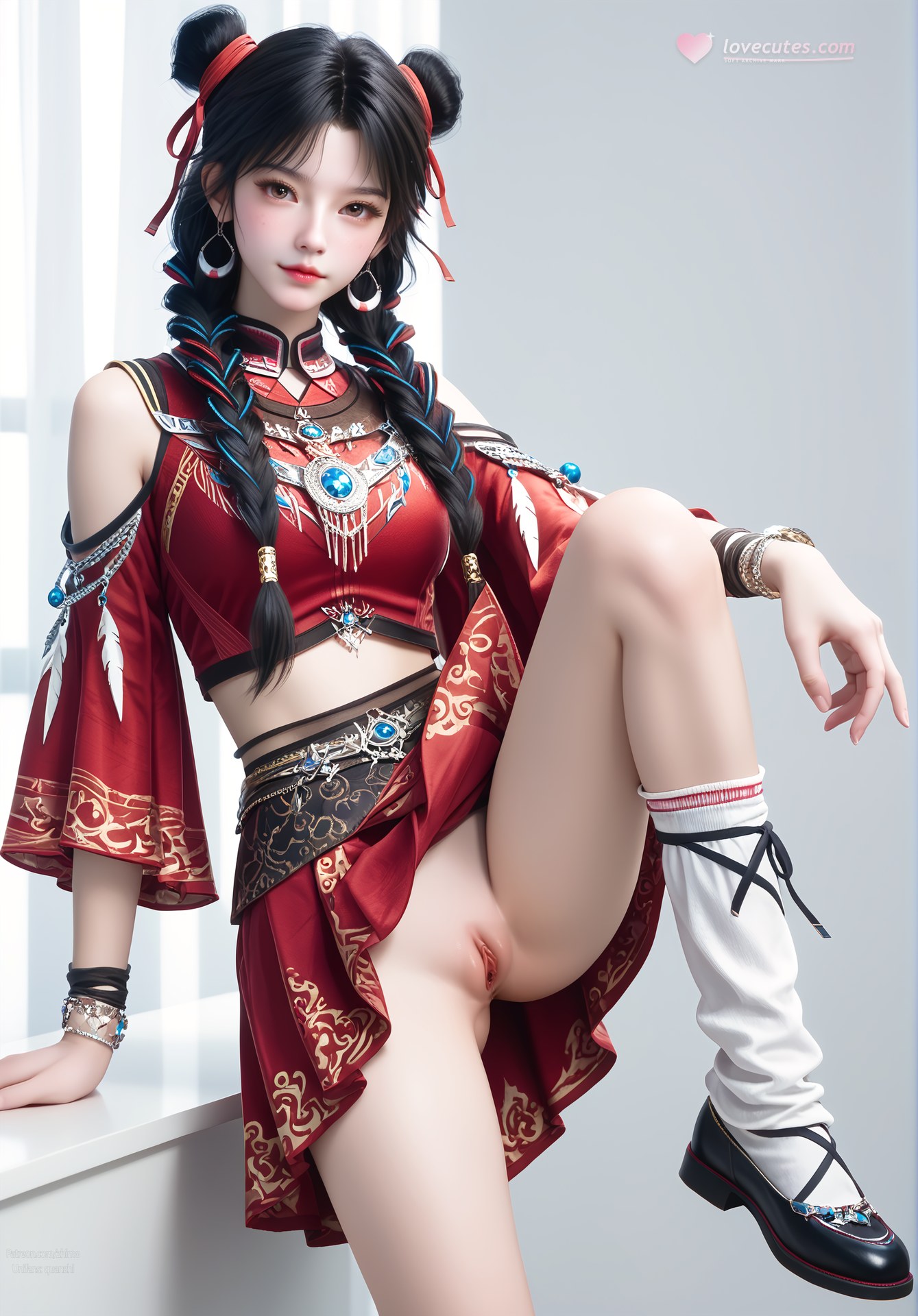AI Nudes - Bạch Lạc Hành váy đỏ tóc búi đôi 105P