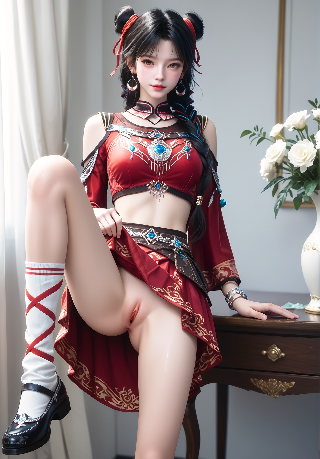 AI Nudes - Bạch Lạc Hành váy đỏ tóc búi đôi 105P
