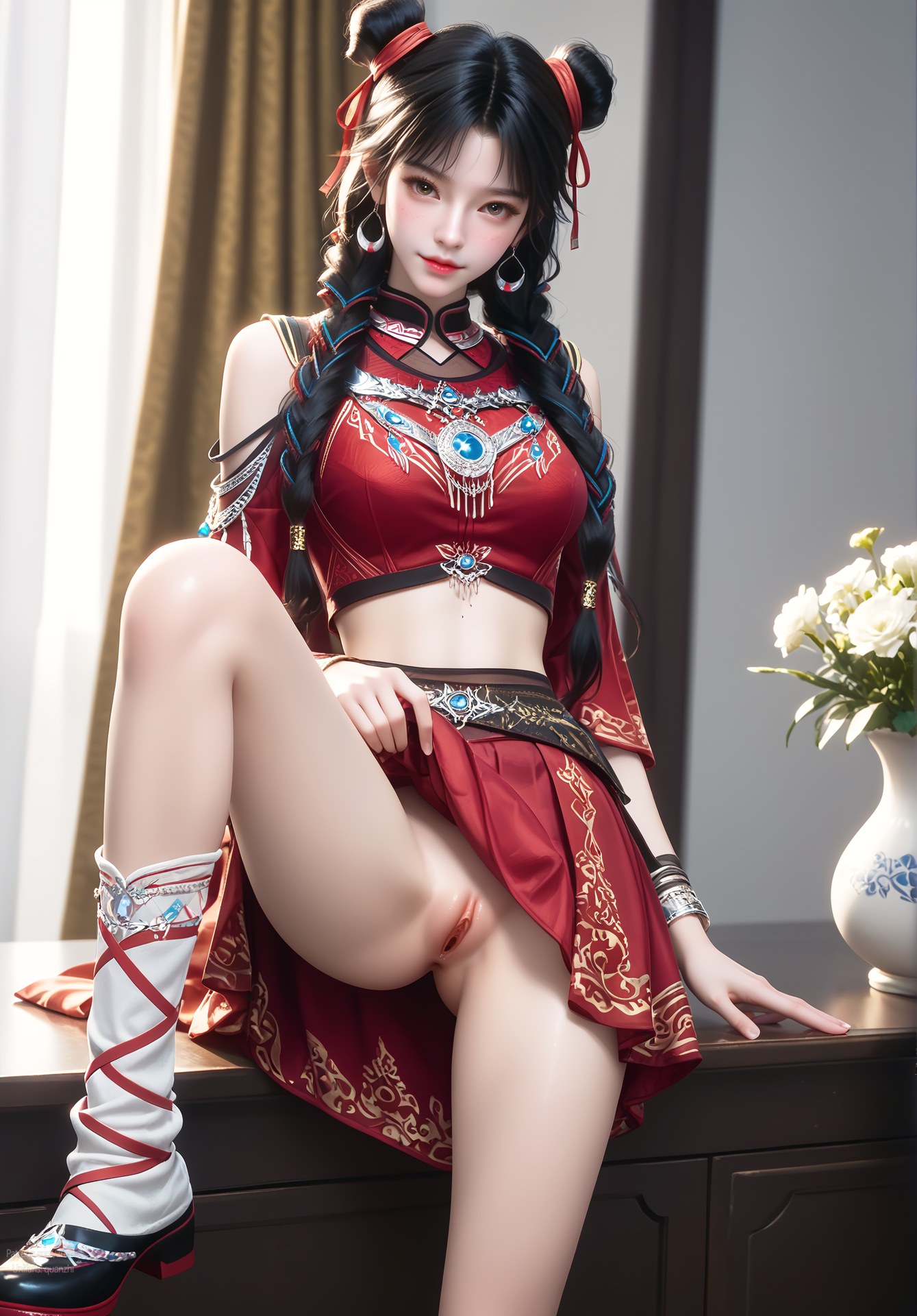 AI Nudes - Bạch Lạc Hành váy đỏ tóc búi đôi 105P