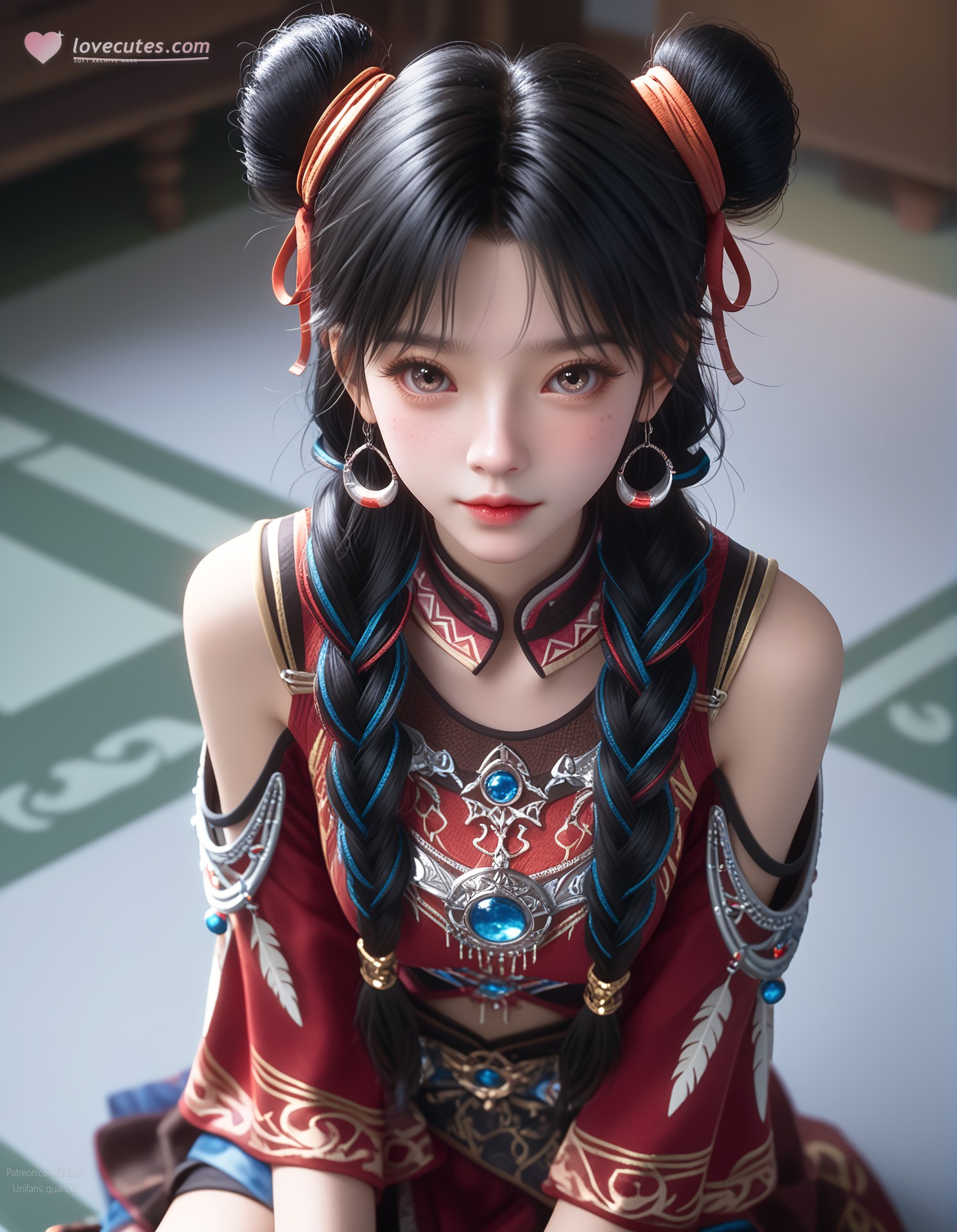 AI Nudes - Bạch Lạc Hành váy đỏ tóc búi đôi 105P