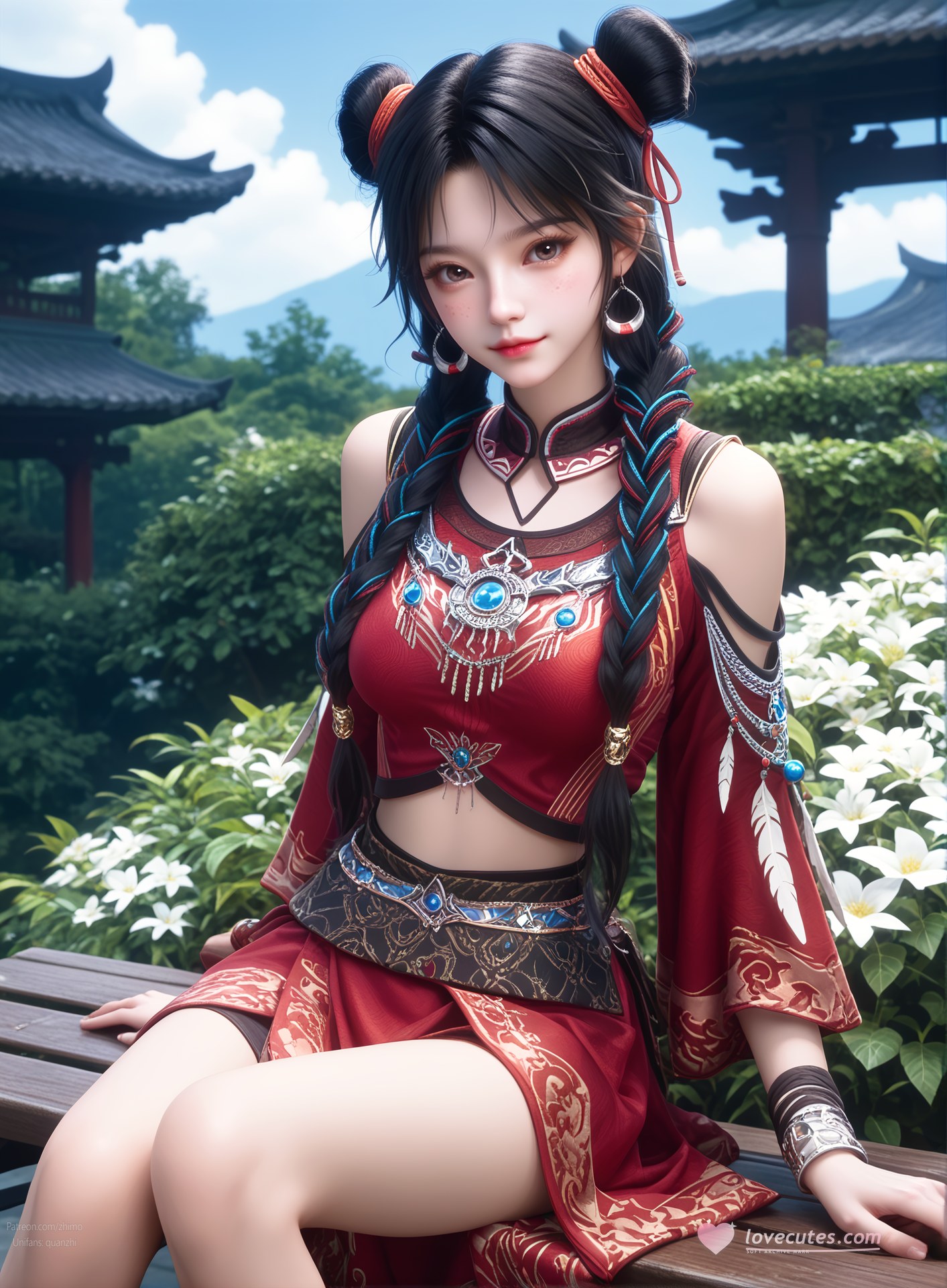 AI Nudes - Bạch Lạc Hành váy đỏ tóc búi đôi 105P