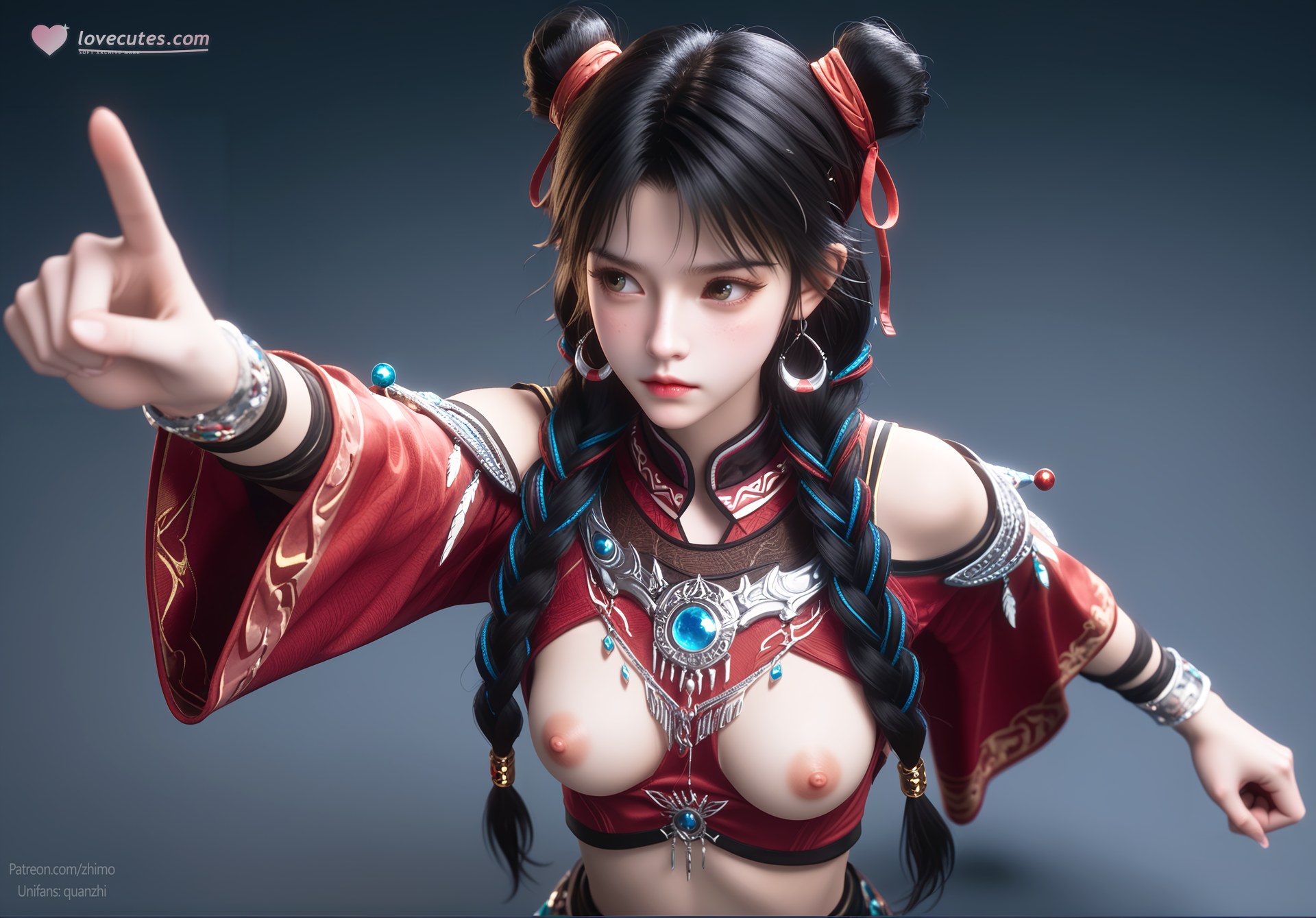 AI Nudes - Bạch Lạc Hành váy đỏ tóc búi đôi 105P