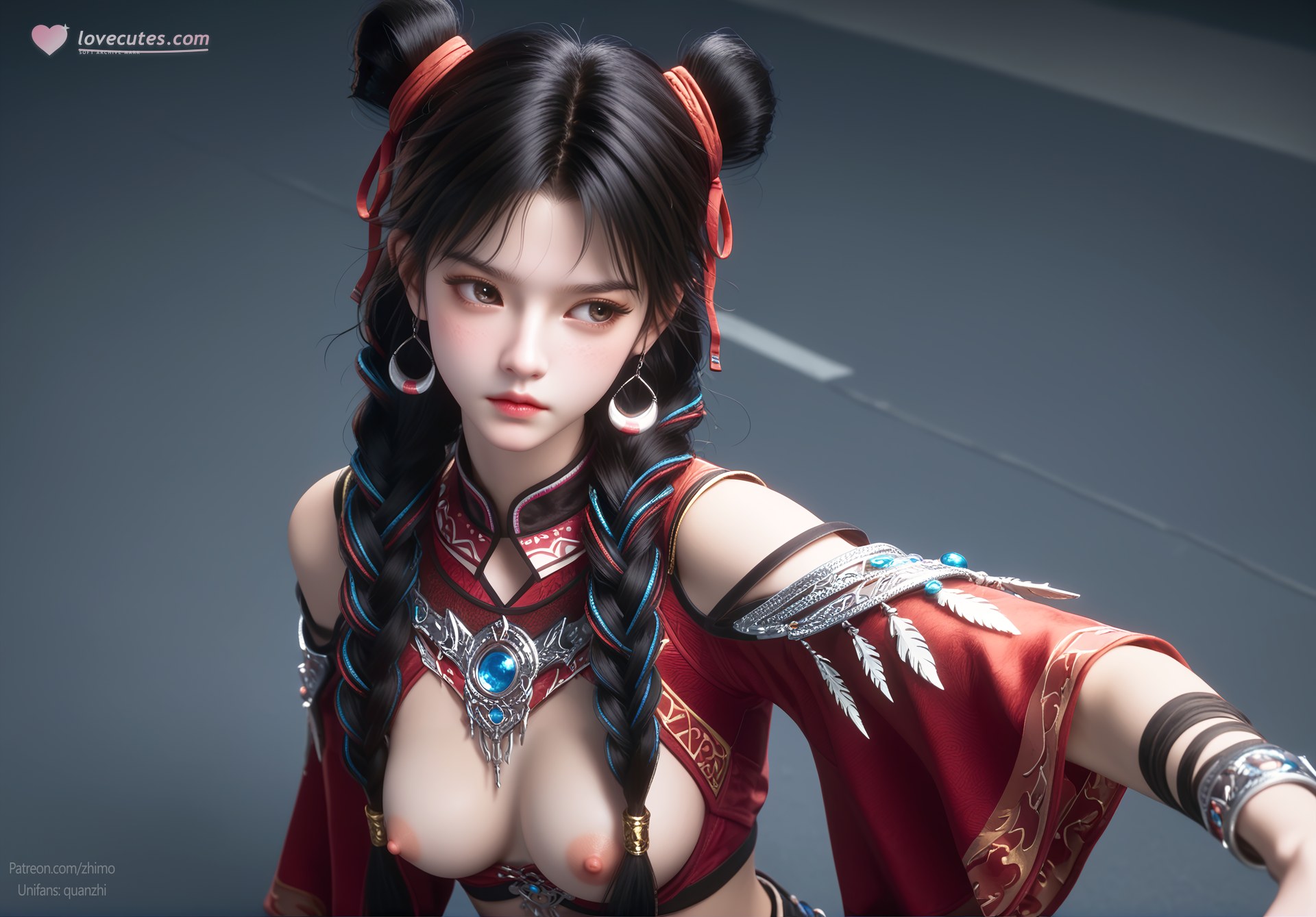 AI Nudes - Bạch Lạc Hành váy đỏ tóc búi đôi 105P