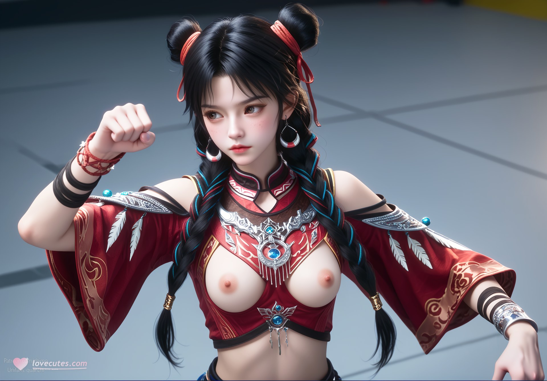 AI Nudes - 택천기 바이뤄헝 붉은 의상 더블 번 AI 누드 갤러리 105P