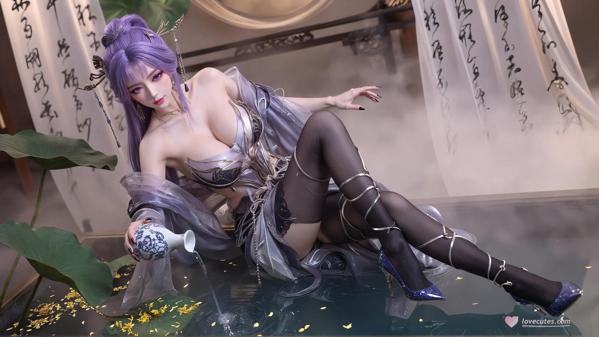 AI Porn - Xin Tianqiong tóc tím tất đen nội y ren 59P