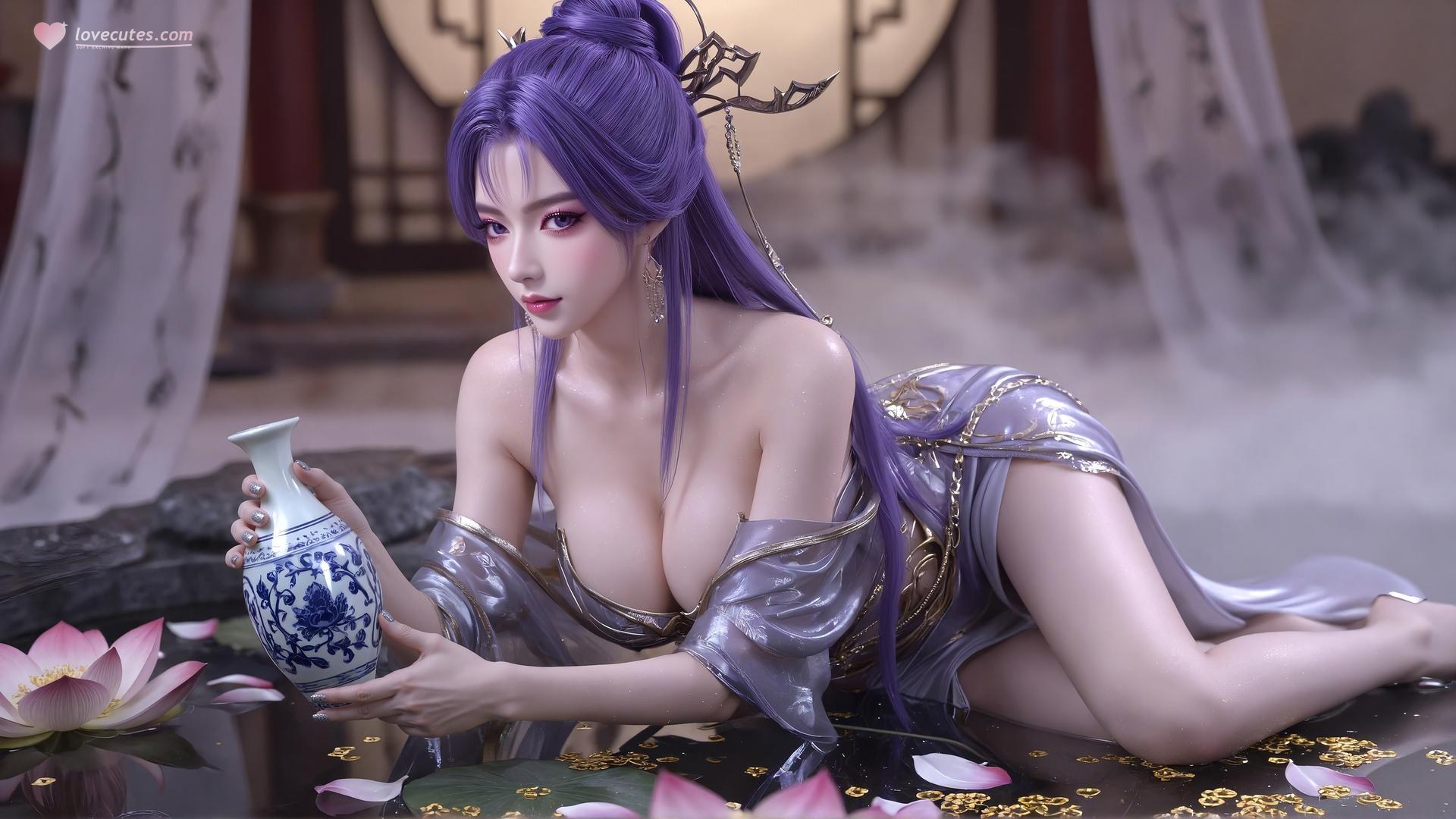 AI Porn - 新天穹 紫髪黒ストッキング ランジェリー AI成人画像集 59P