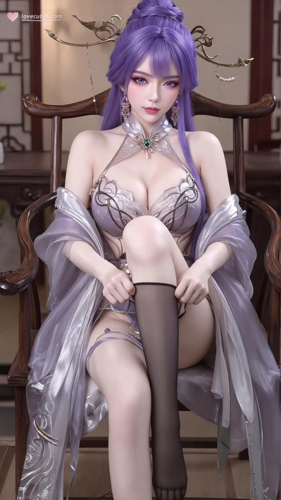 AI Porn - Xin Tianqiong Purple Hair Black Stockings Lingerie Gallery 59P