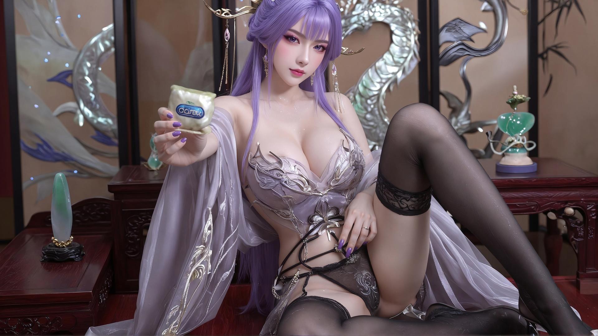AI Porn - Xin Tianqiong Purple Hair Black Stockings Lingerie Gallery 59P