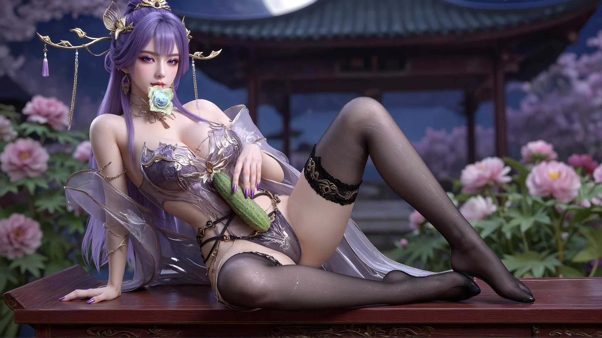 AI Porn - Xin Tianqiong Purple Hair Black Stockings Lingerie Gallery 59P