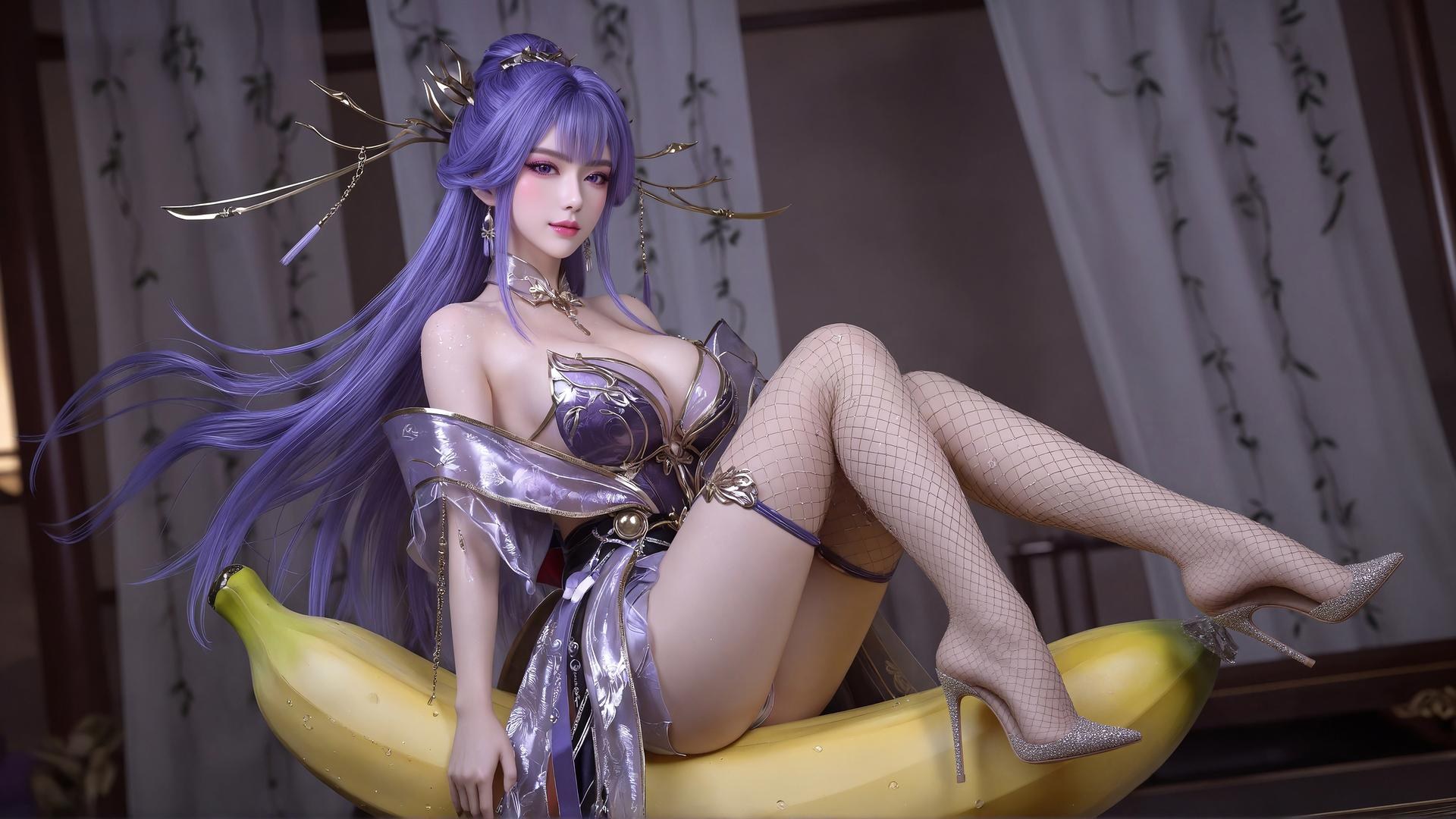 AI Porn - Xin Tianqiong Purple Hair Black Stockings Lingerie Gallery 59P