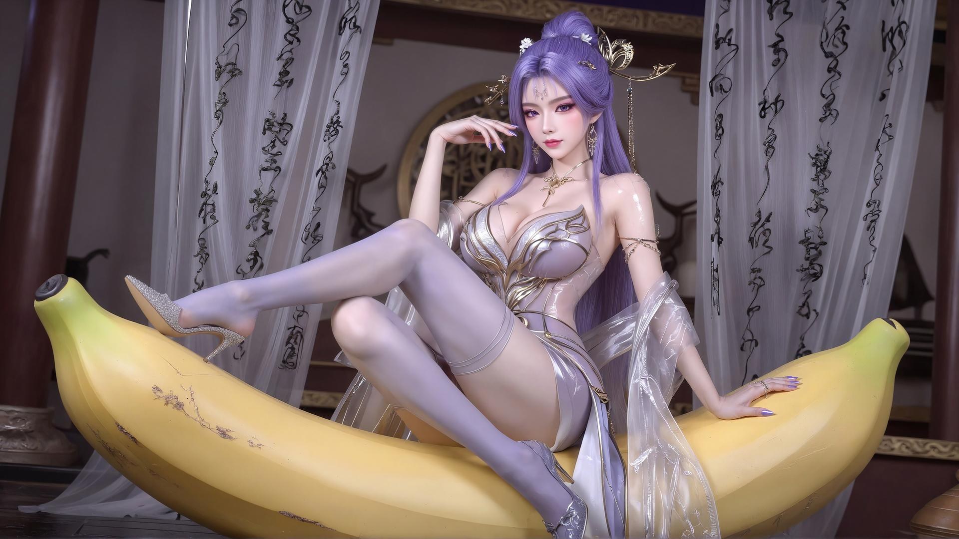 AI Porn - Xin Tianqiong Purple Hair Black Stockings Lingerie Gallery 59P