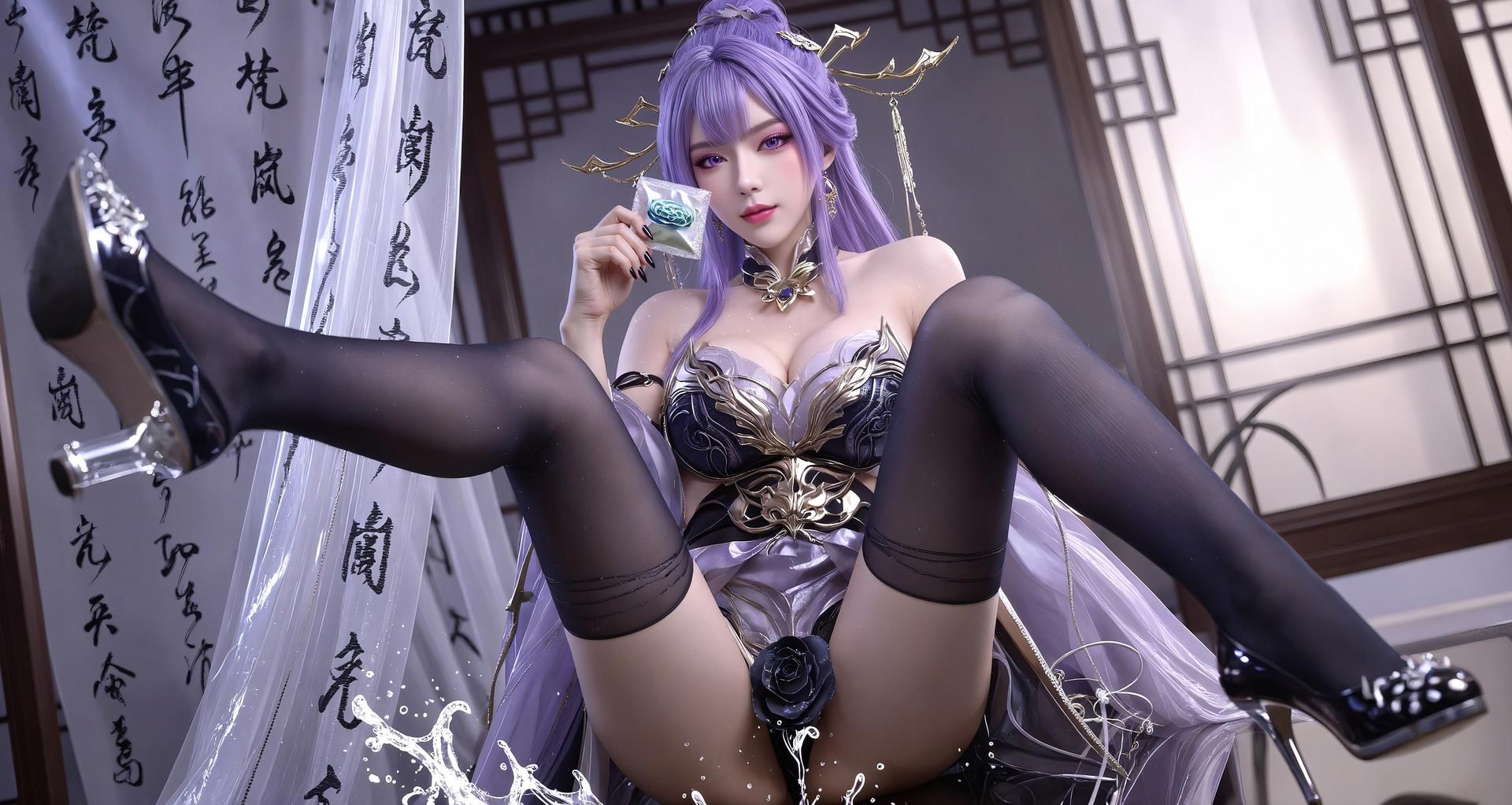 AI Porn - Xin Tianqiong Purple Hair Black Stockings Lingerie Gallery 59P