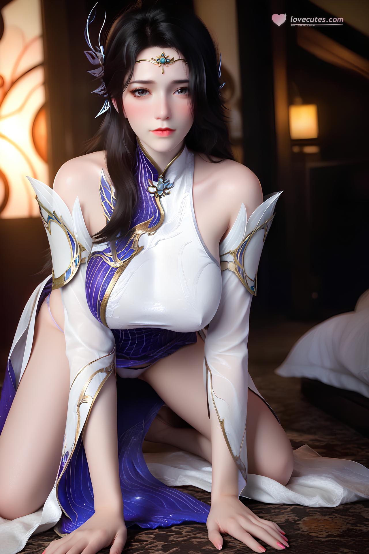 AI Nudes - Xuanyi White-Purple Palace Dress Bed Gallery 172P