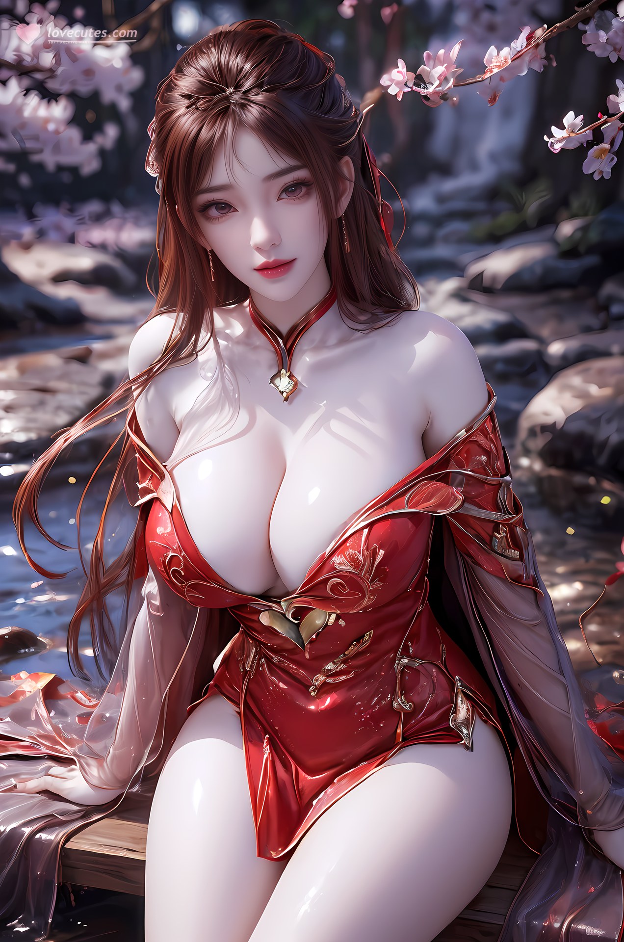 AI Nudes - Hồng Hoàng cổ trang đỏ cảnh nước 76P
