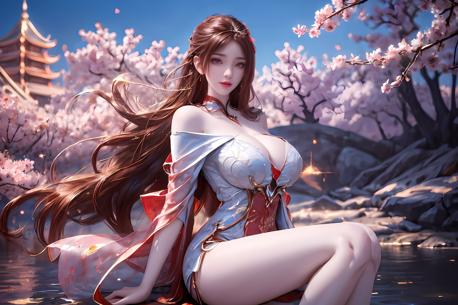 AI Nudes - Hồng Hoàng cổ trang đỏ cảnh nước 76P