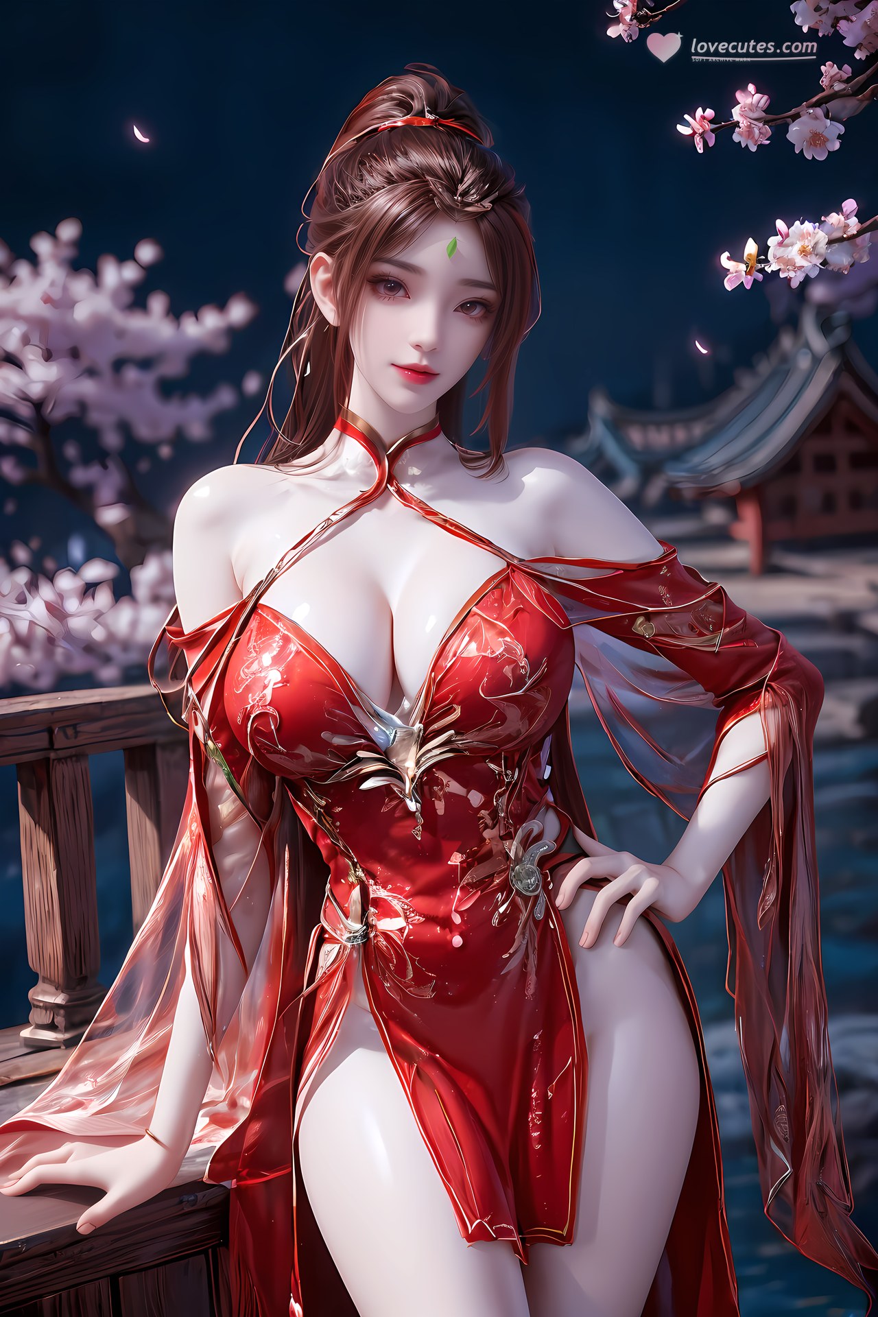 AI Nudes - Hồng Hoàng cổ trang đỏ cảnh nước 76P