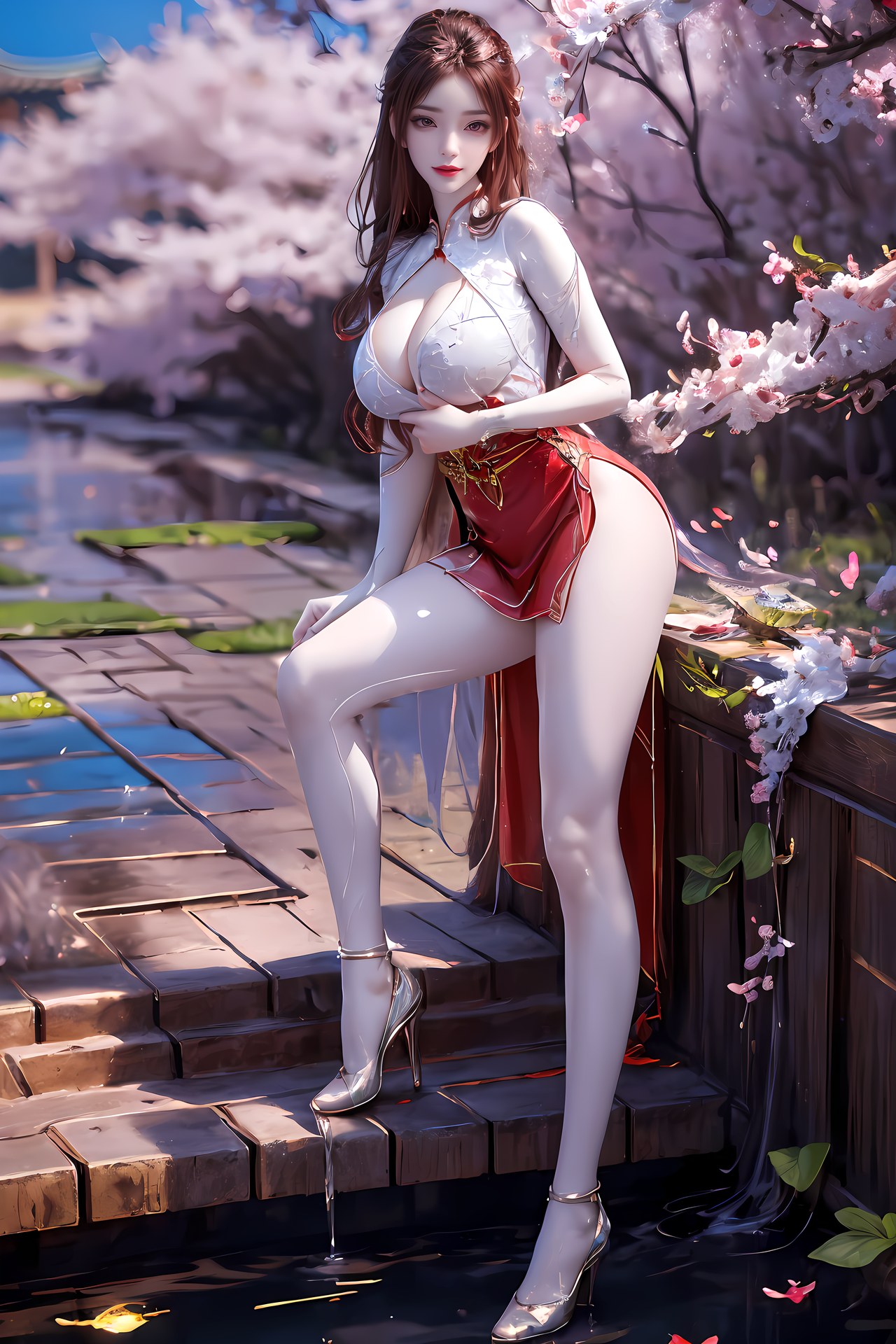 AI Nudes - Hồng Hoàng cổ trang đỏ cảnh nước 76P