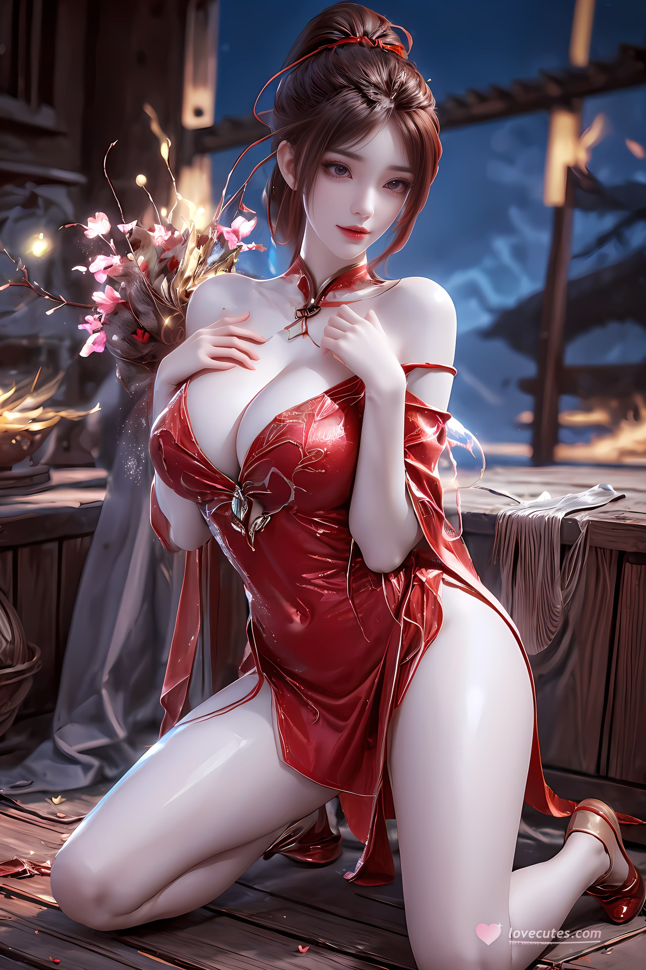 AI Nudes - Hồng Hoàng cổ trang đỏ cảnh nước 76P