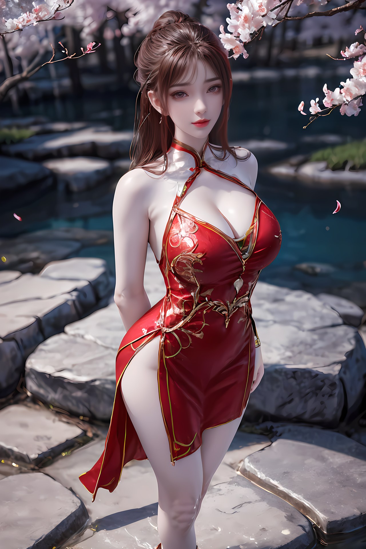 AI Nudes - Hồng Hoàng cổ trang đỏ cảnh nước 76P