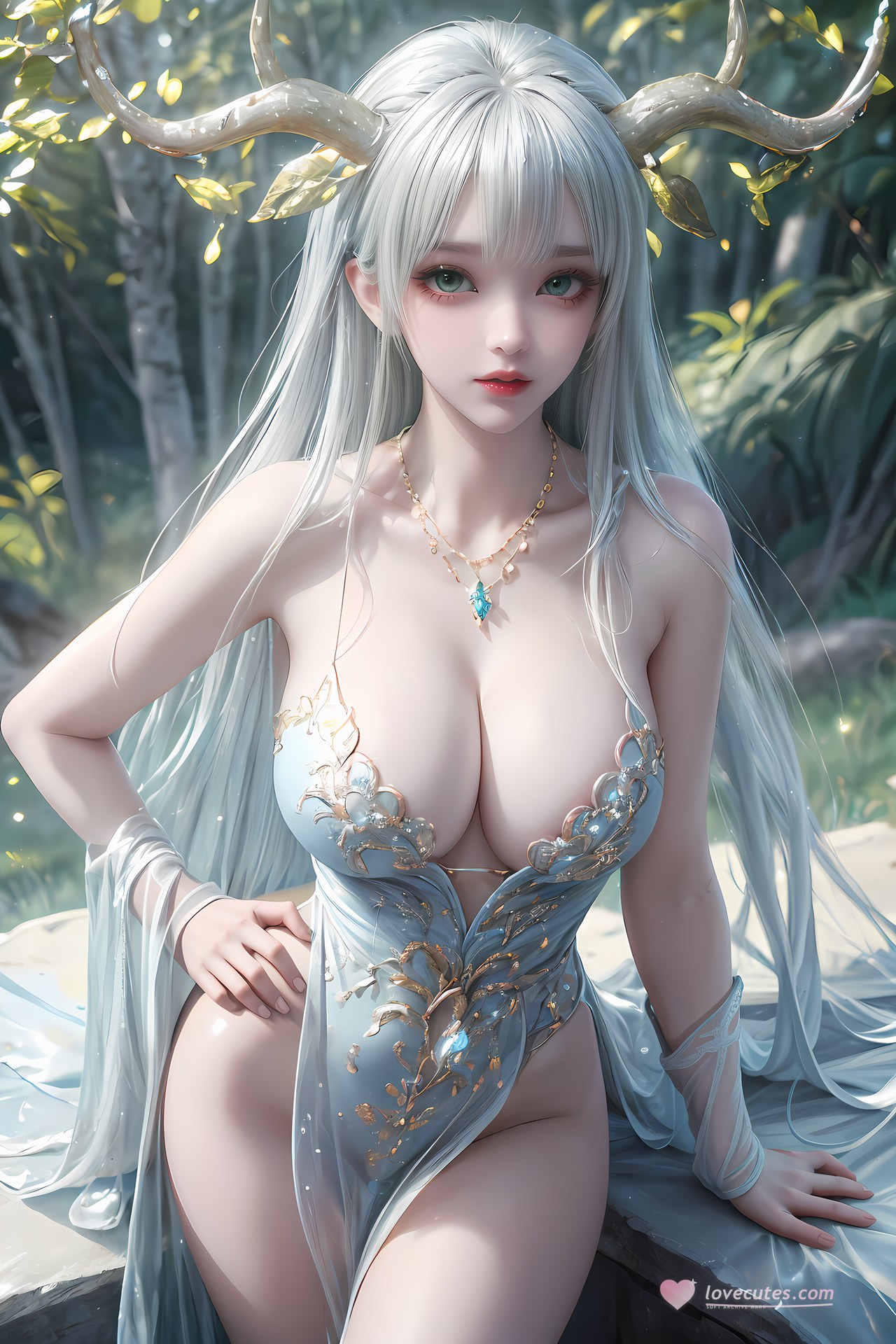 AI Nudes - Hư Thiên Thần Đằng tóc trắng sừng hươu rừng suối 73P