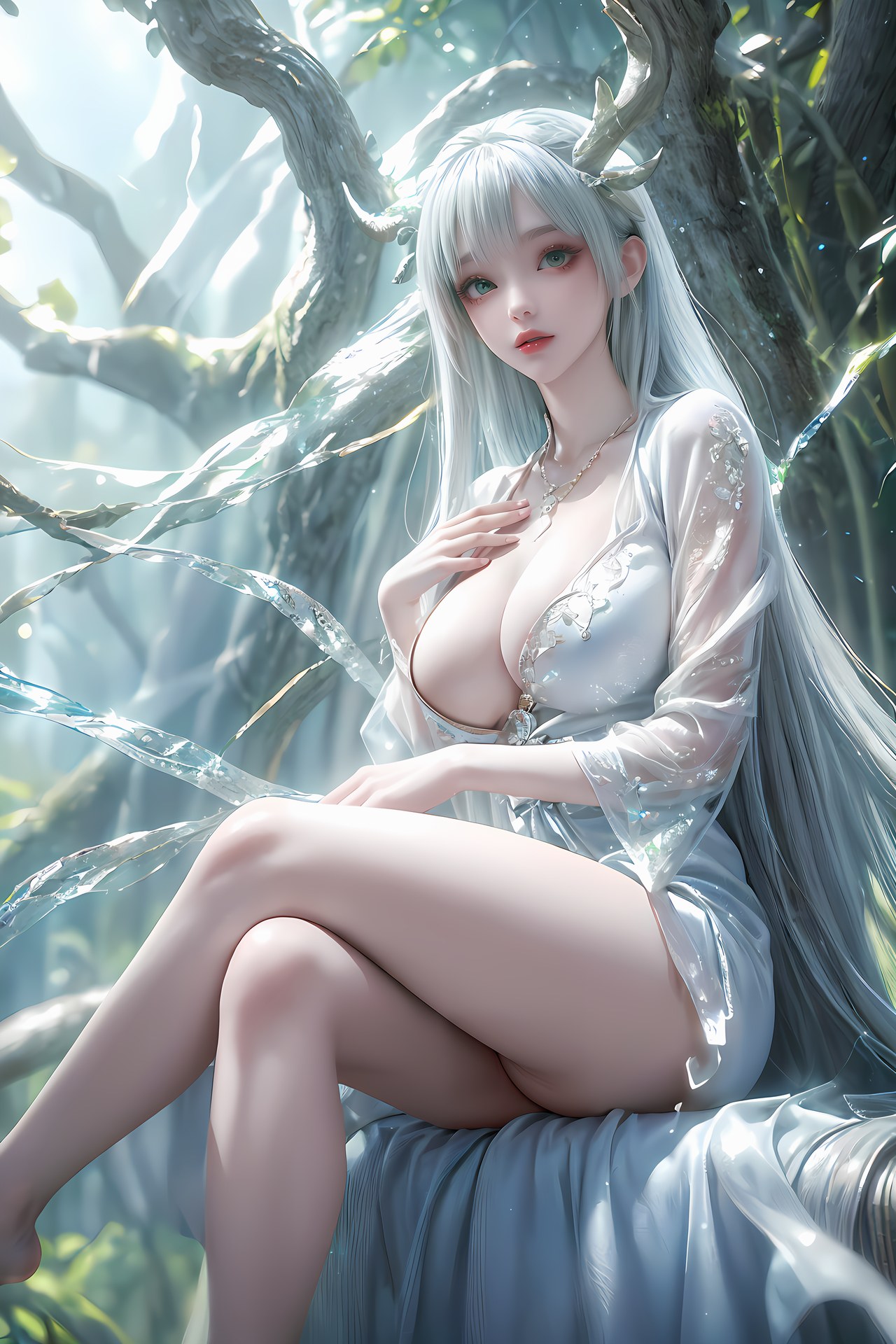 AI Nudes - Hư Thiên Thần Đằng tóc trắng sừng hươu rừng suối 73P