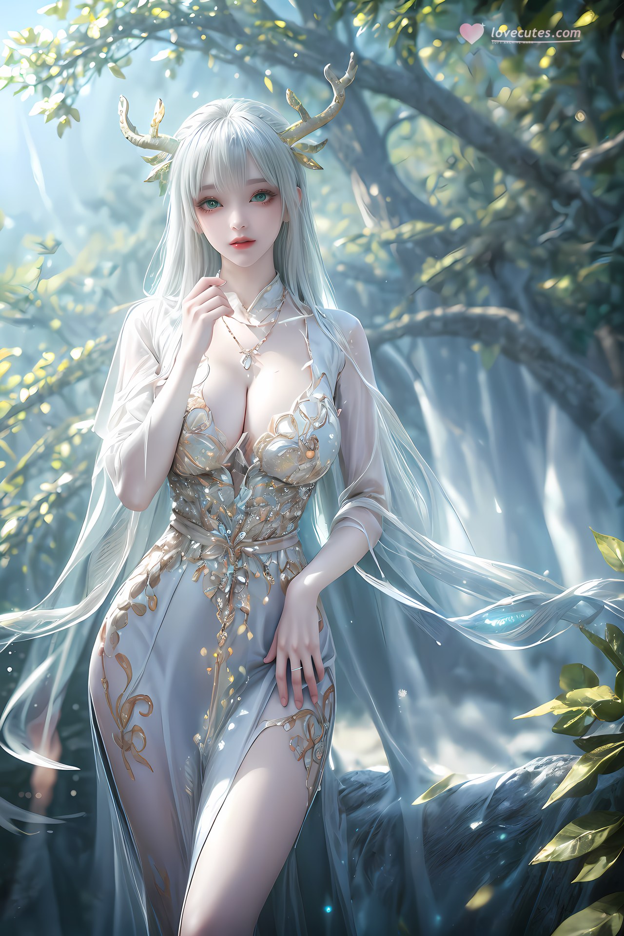 AI Nudes - Hư Thiên Thần Đằng tóc trắng sừng hươu rừng suối 73P