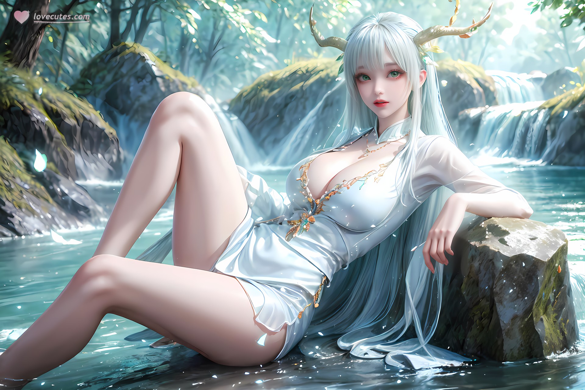 AI Nudes - Hư Thiên Thần Đằng tóc trắng sừng hươu rừng suối 73P
