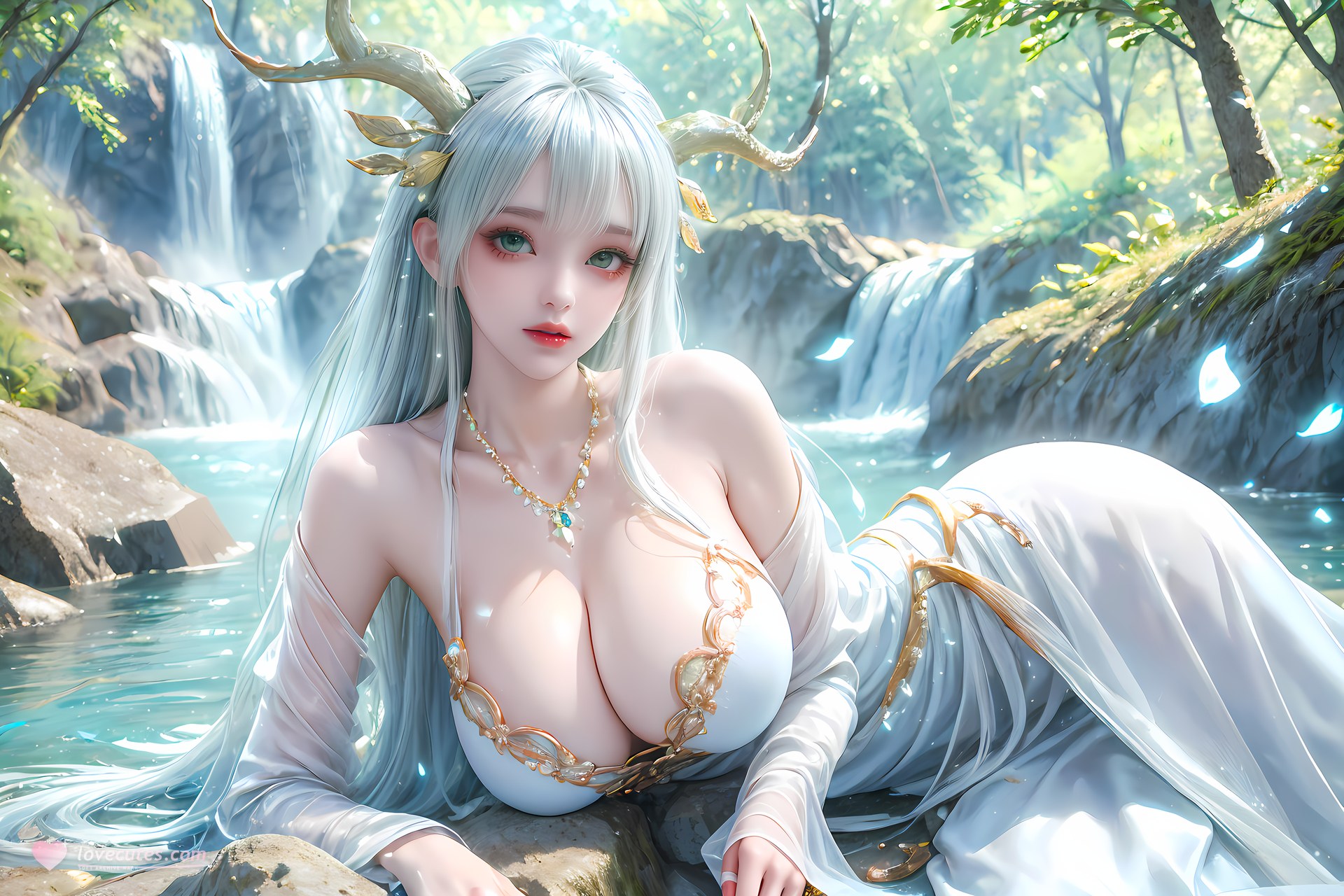 AI Nudes - Hư Thiên Thần Đằng tóc trắng sừng hươu rừng suối 73P