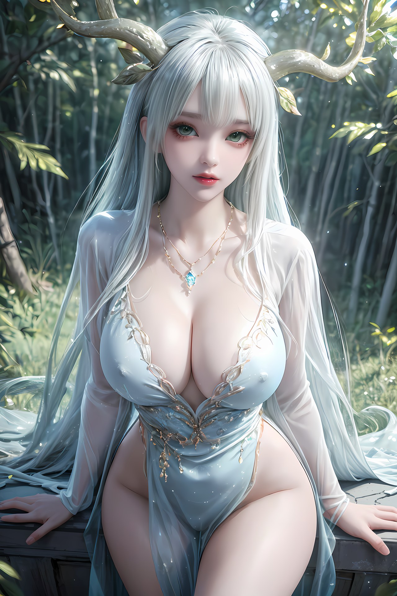 AI Nudes - Hư Thiên Thần Đằng tóc trắng sừng hươu rừng suối 73P