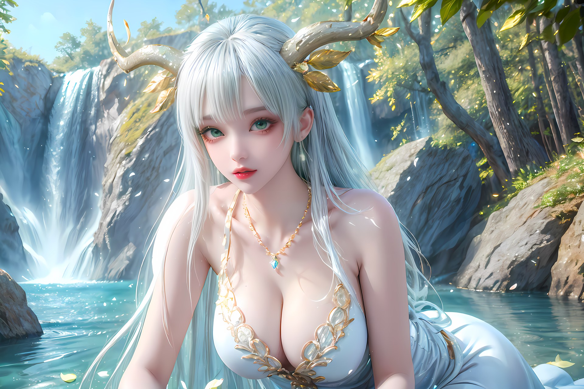 AI Nudes - Hư Thiên Thần Đằng tóc trắng sừng hươu rừng suối 73P
