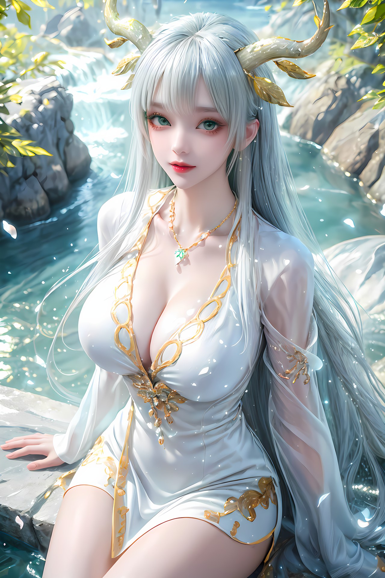 AI Nudes - Hư Thiên Thần Đằng tóc trắng sừng hươu rừng suối 73P